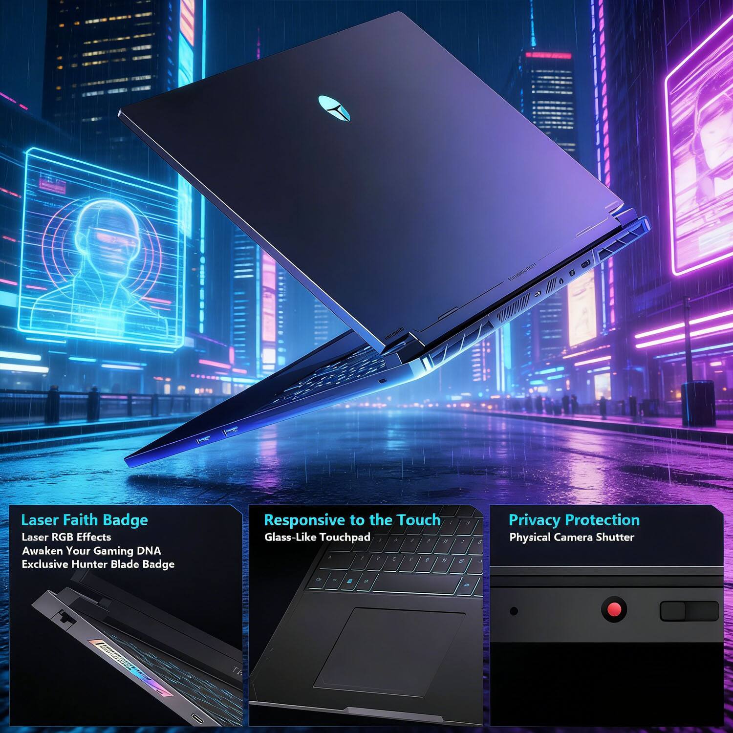 1. Laser Faith Badge
   - Laser RGB Effects
   - Awaken Your Gaming DNA
   - Exclusive Hunter Blade Badge

2. Responsive to the Touch
   - Glass-Like Touchpad

3. Privacy Protection
   - Physical Camera Shutter