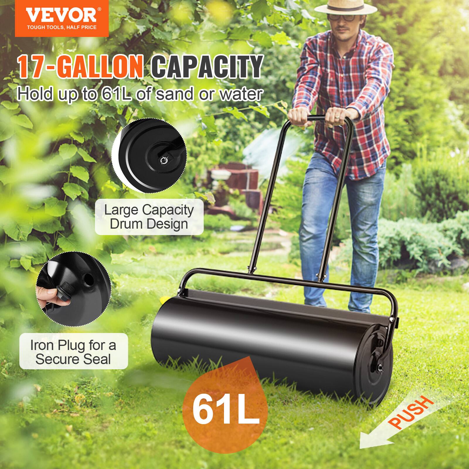 VEVOR - Lawn Roller, 17 Gallon Sand/Water Filled Yard Roller, Steel Sod Roller with Easy-turn Plug and U-Shaped Ergonomic Handle - Black - Thumbnail 3