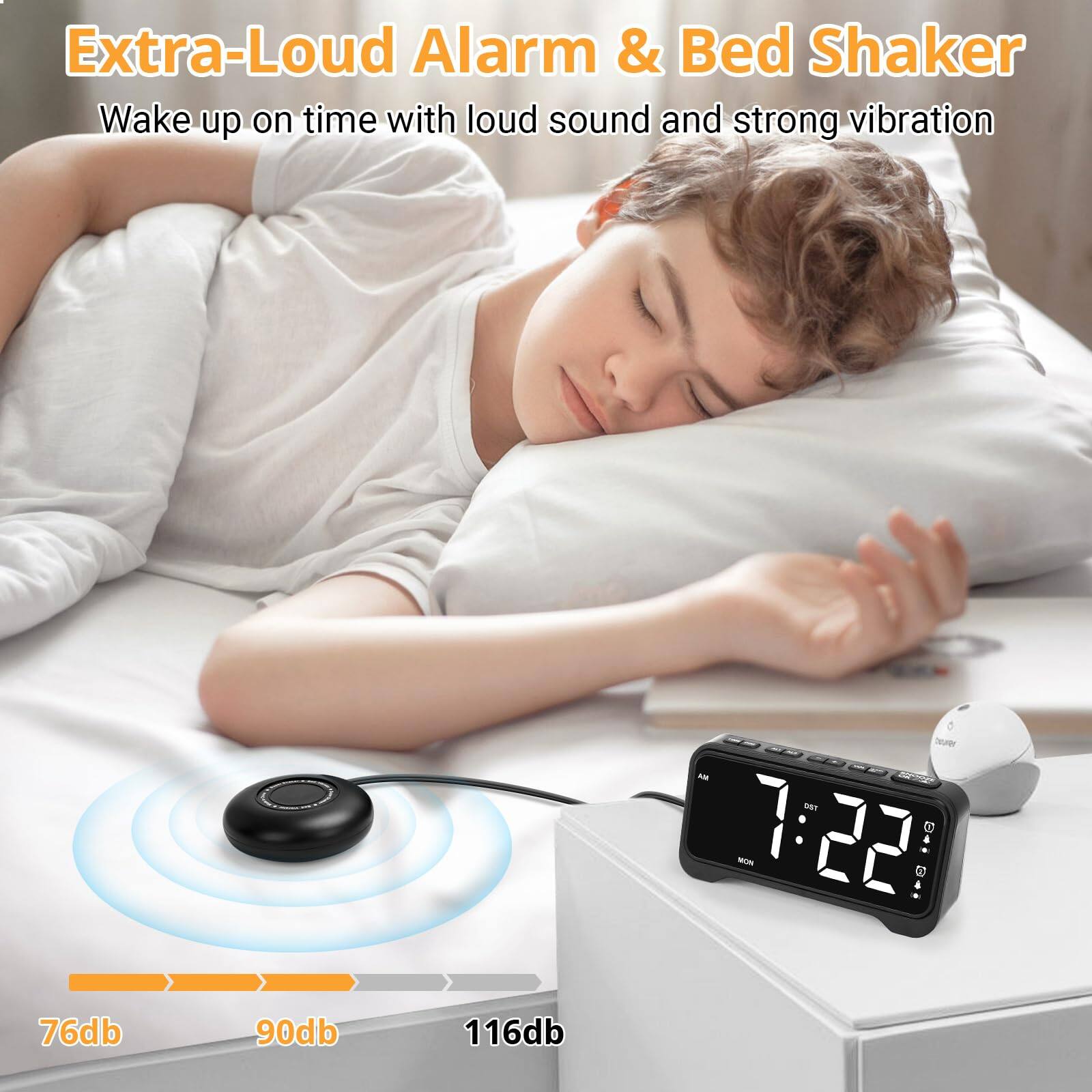 Extra-Loud Alarm & Bed Shaker  
Wake up on time with loud sound and strong vibration  

7:22 AM  

76db 90db 116db
