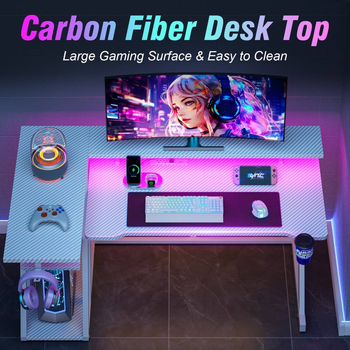 Carbon Fiber Desk Top  
Large Gaming Surface & Easy to Clean