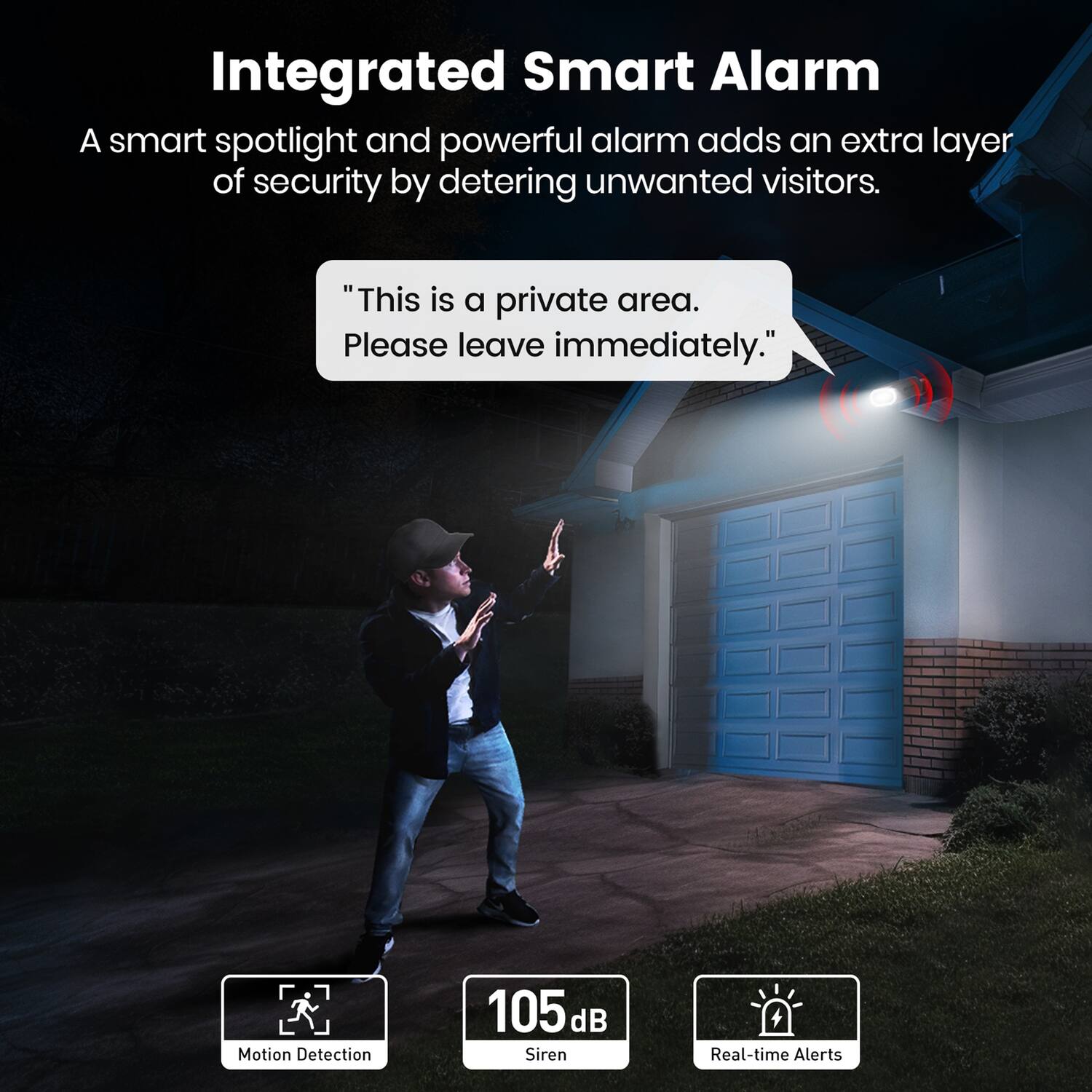 Integrated Smart Alarm

A smart spotlight and powerful alarm adds an extra layer of security by deterring unwanted visitors.

"This is a private area. Please leave immediately."

Motion Detection

105 dB Siren

Real-time Alerts