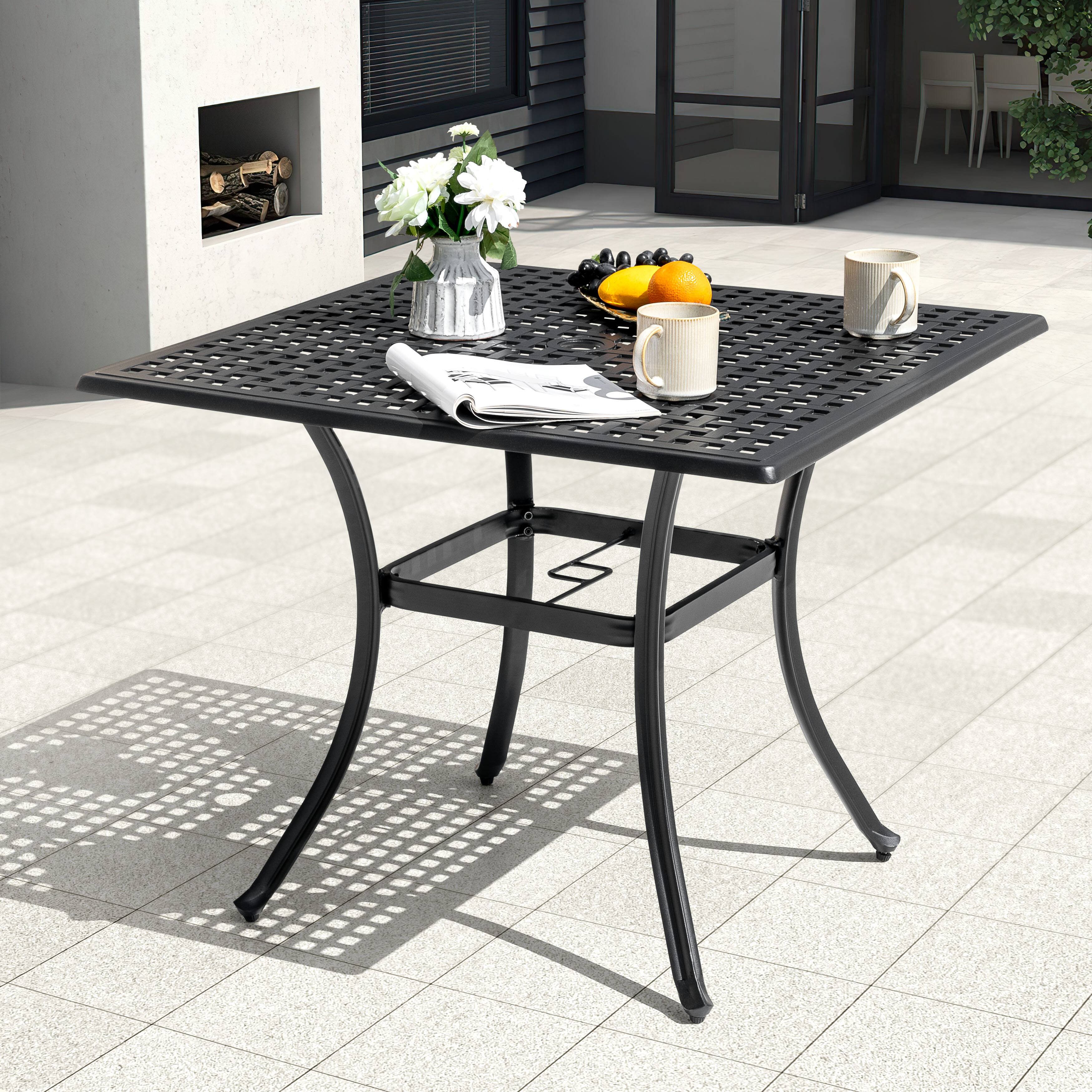 Left. Nuu Garden - 35.4'' Square Cast Aluminum Outdoor Dining Table with Umbrella Hole and Mesh Tabletop - Black with Gold Speckles.