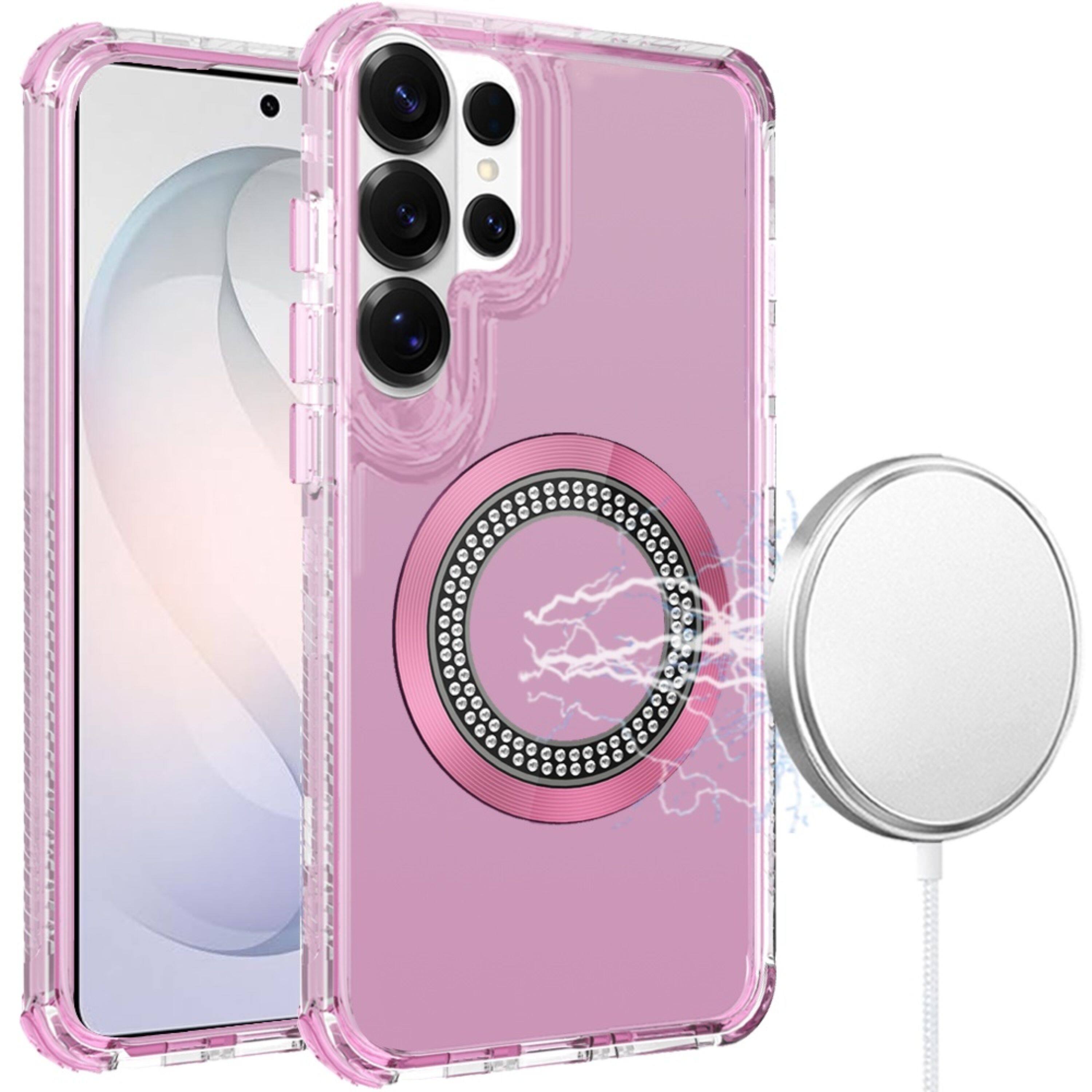 Left. Kitcheniva - Bling Hybrid Magnetic Charging Case With Tempered Glass For Samsung S26 Ultra Pink - Pink.