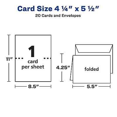 Card Size: 4 1/4" x 5 1/2"

20 Cards and Envelopes

1 card per sheet

11" x 8.5"

Folded: 4.25" x 5.5"