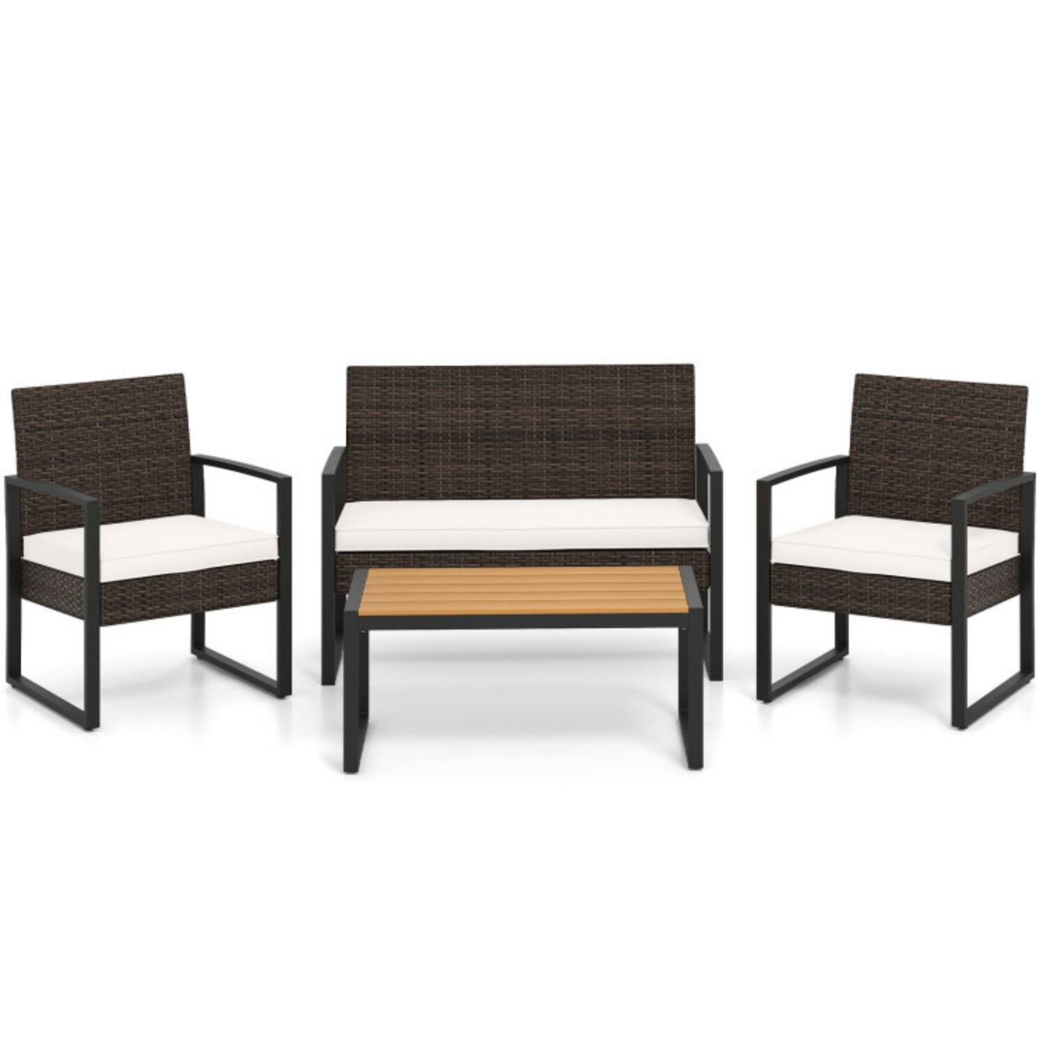 Alt View 3. Mondawe - 42 x 25 x 30.5 IN Freestanding Patio Rattan Set with Loveseat, 2 Chairs & Table 4-Piece - Mix Brown+Off White.