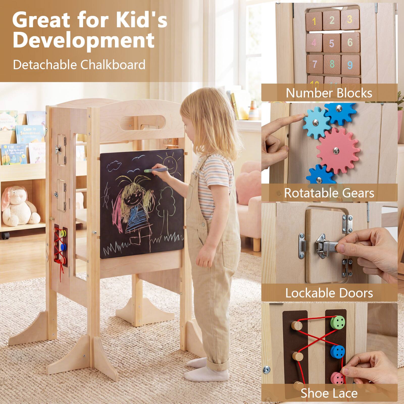 Great for Kid's Development  
Detachable Chalkboard  

Number Blocks  
Rotatable Gears  
Lockable Doors  
Shoe Lace