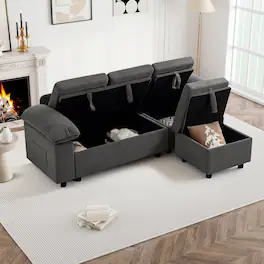 Brick Attic - 4 to 7 Seat Modular Pull Out Sofa Bed with Storage Ottoman Washable Covers and Side Pockets for Living Room - GR-4 Seat - Ottoman