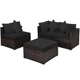 Costway - 4PCS Patio Rattan Furniture Set Sofa Ottoman Cushion Garden Deck - Black