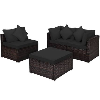 Front. Costway - 4PCS Patio Rattan Furniture Set Sofa Ottoman Cushion Garden Deck - Black.