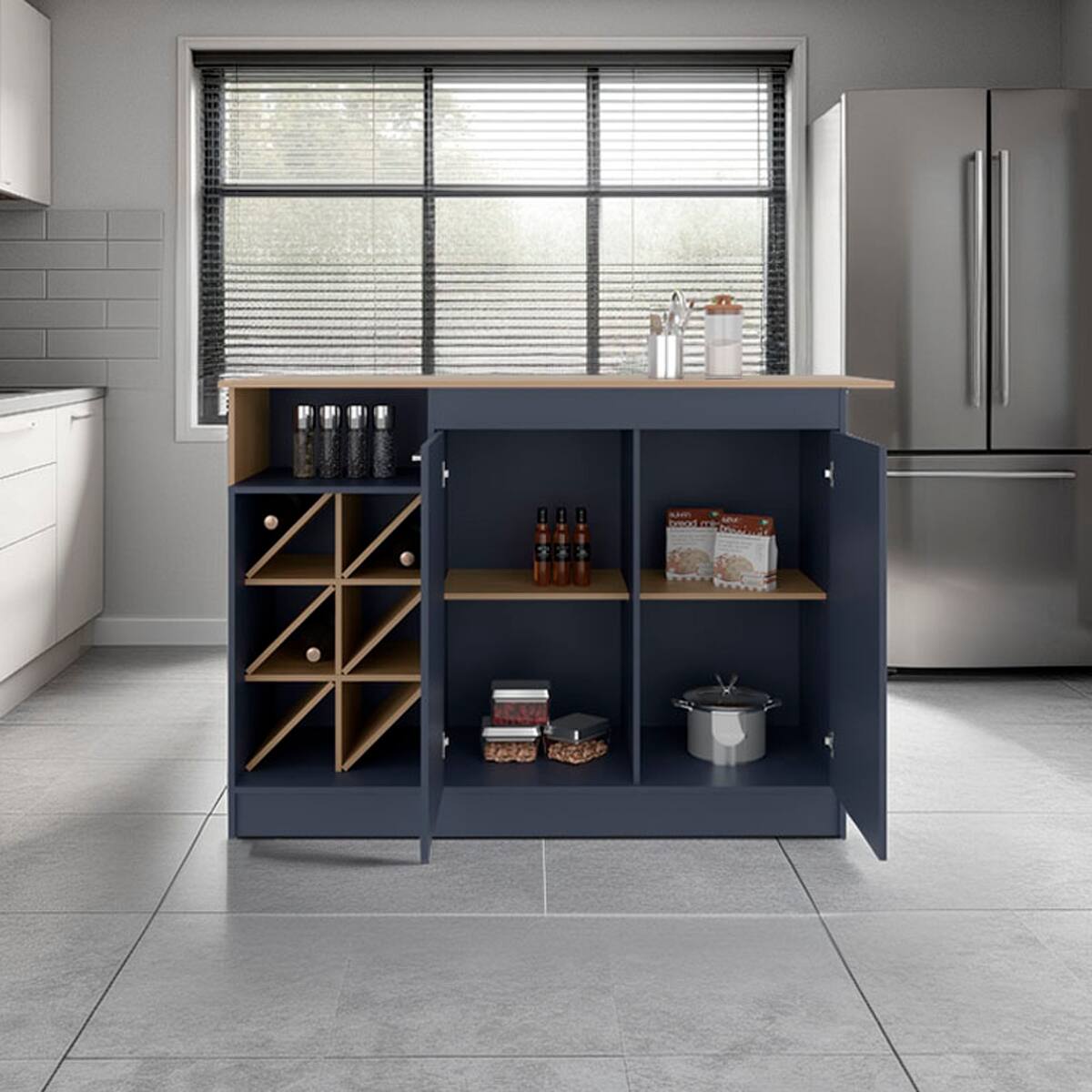 Angle. Loheer - Loheer Kitchen Cabinet with Island Kronos Azul and Natural Oak - Multi.