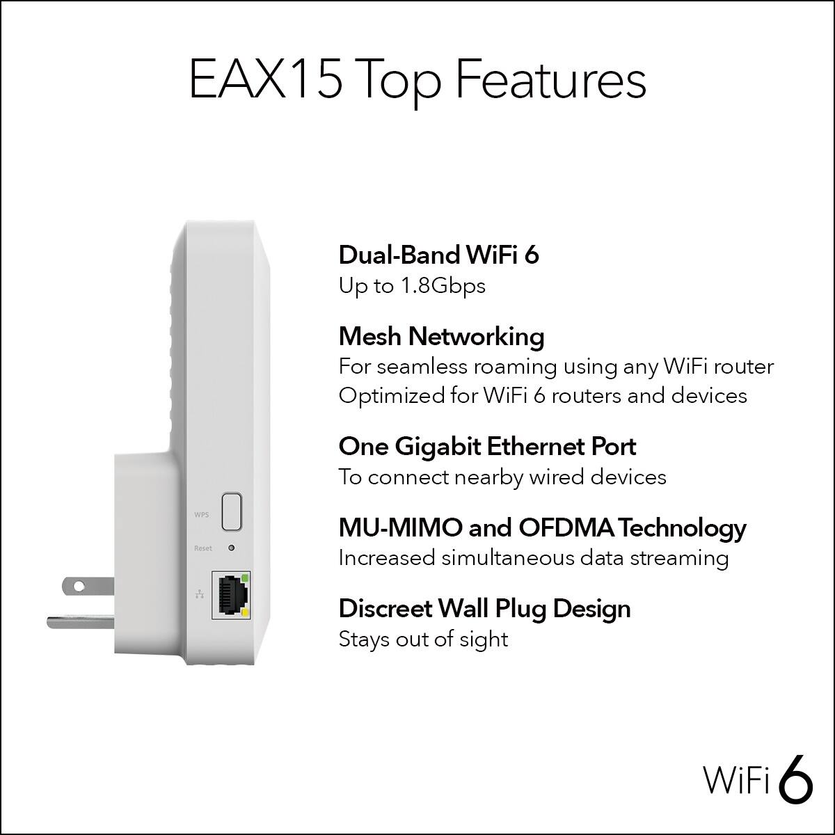 EAX15 Top Features:

1. Dual-Band WiFi 6: Up to 1.8Gbps
2. Mesh Networking: For seamless roaming using any WiFi router
3. Optimized for WiFi 6 routers and devices
4. One Gigabit Ethernet Port: To connect nearby wired devices
5. WPS Resel: For easy device setup
6. MU-MIMO and OFDMA Technology: Increased simultaneous data streaming
7. Discreet Wall Plug Design: Stays out of sight
8. WiFi 6: The latest WiFi standard for faster and more efficient connectivity.