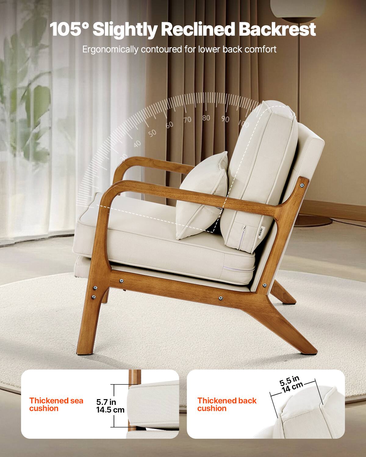 105° Slightly Reclined Backrest  
Ergonomically contoured for lower back comfort  

Thickened sea cushion  
5.7 in / 14.5 cm  

Thickened back cushion  
5.5 in / 14 cm