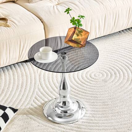 Front. Anysun - Small Metal Side Table – Modern Round-Edge Table with Tempered Glass Top – Approx. 19.6" Diameter - Grey, Silver.