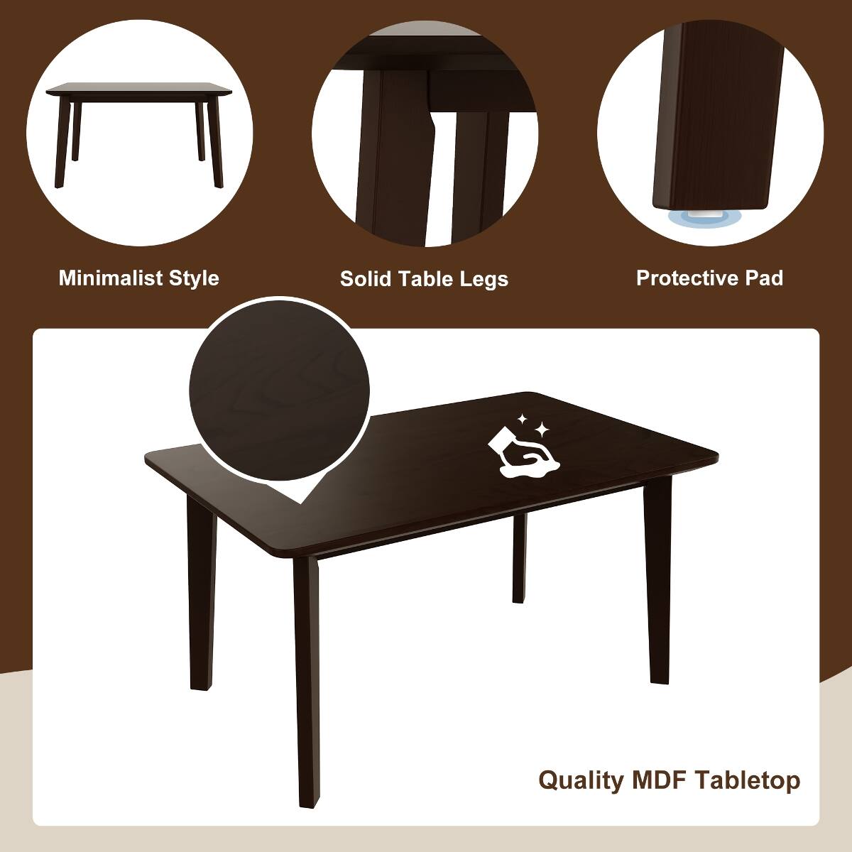 Minimalist Style  
Solid Table Legs  
Protective Pad  
Quality MDF Tabletop