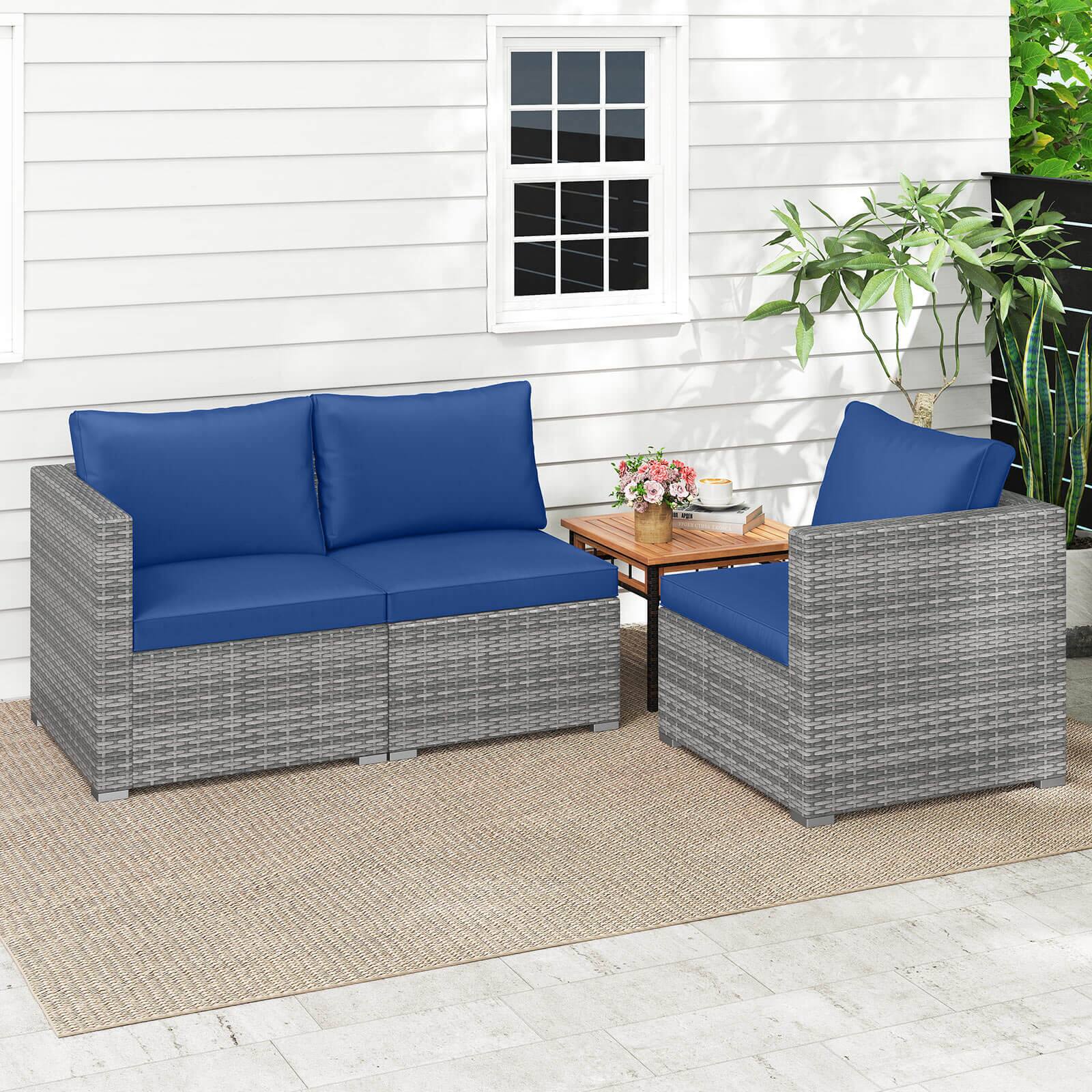 Alt View 5. Costway - Costway 3PCS Patio Sectional Sofa Set, PE Rattan Modular Couch Furniture Set with Cushions - Navy + Mix Gray.