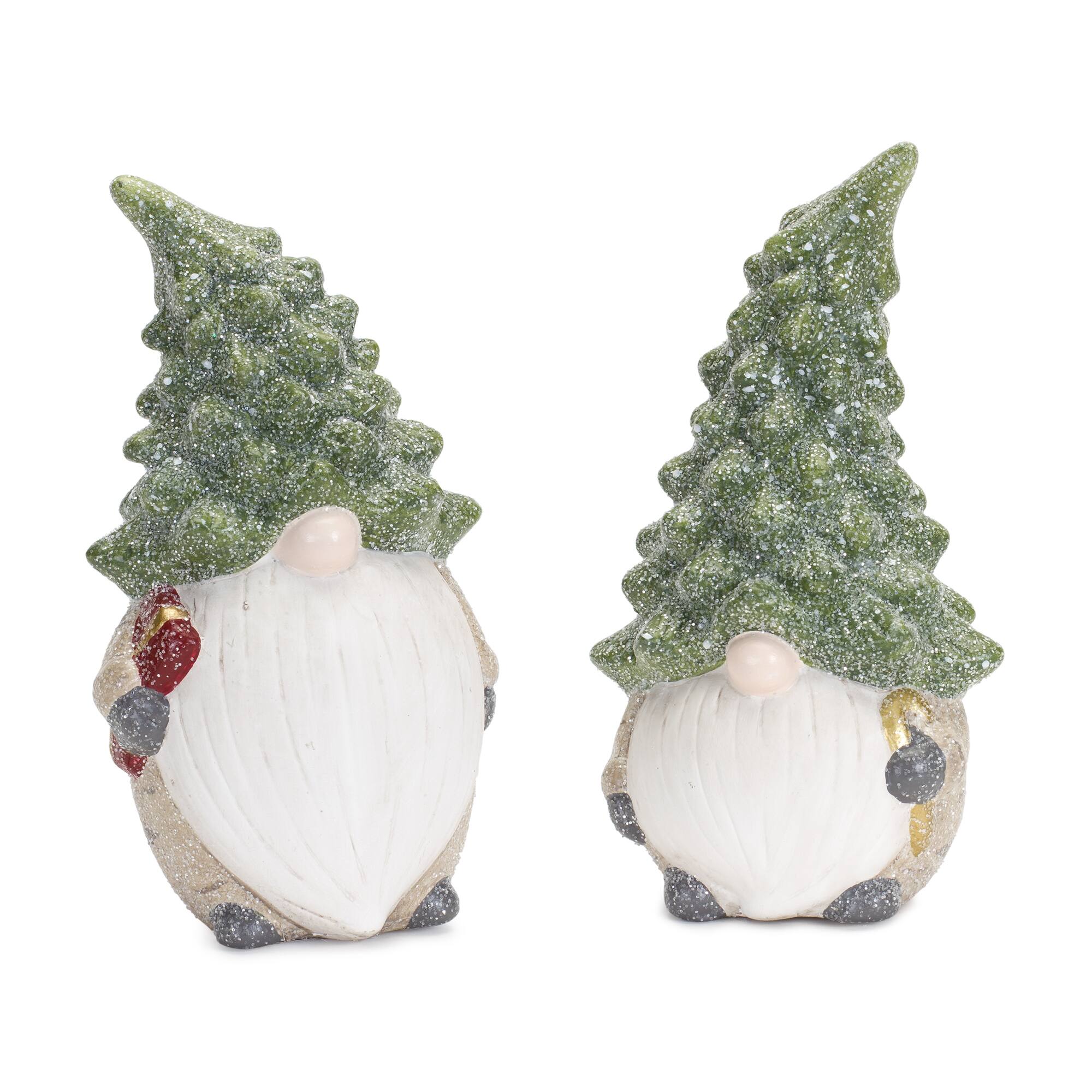 BreeBe - Terra Cotta Gnome Figurine with Pine Tree Hat (Set of 2) - Green, Beige