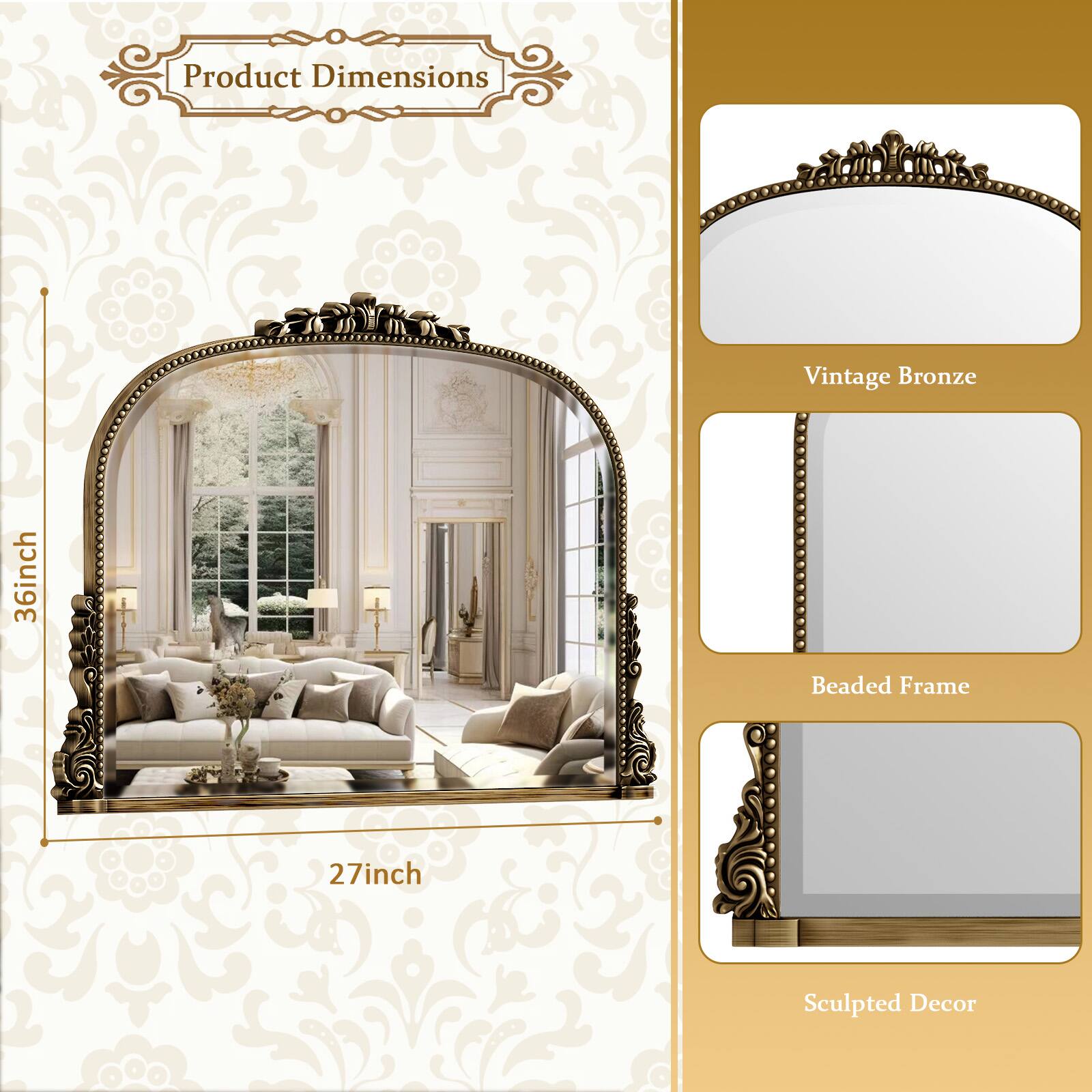 Product Dimensions: Vintage Bronze, 36inch Beaded Frame, 27inch Sculpted Decor