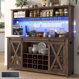 Espafurni - 63"W x 58"H Farmhouse Coffee Bar Cabinet with Power Outlet, LED Light & Wine Rack - Brown