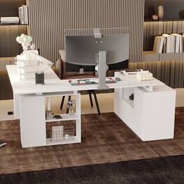 Famapy - L - Shaped Electric Standing Desk: Adjustable, Modular & Organized Home Office Desk - White