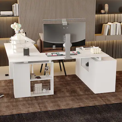 Front. Famapy - Famapy L - Shaped Electric Standing Desk: Adjustable, Modular & Organized Home Office Desk - White.