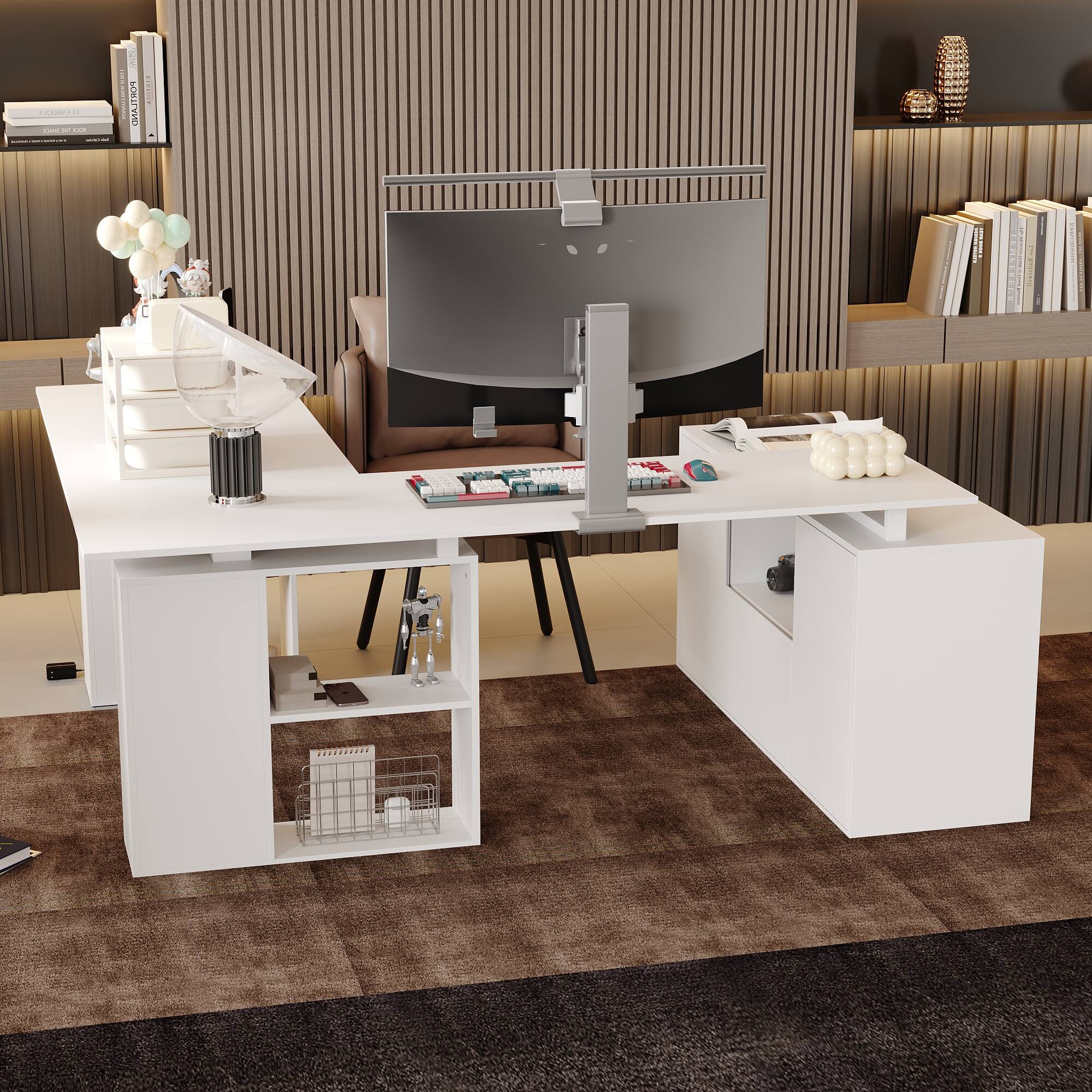 Front. Famapy - Famapy L - Shaped Electric Standing Desk: Adjustable, Modular & Organized Home Office Desk - White.