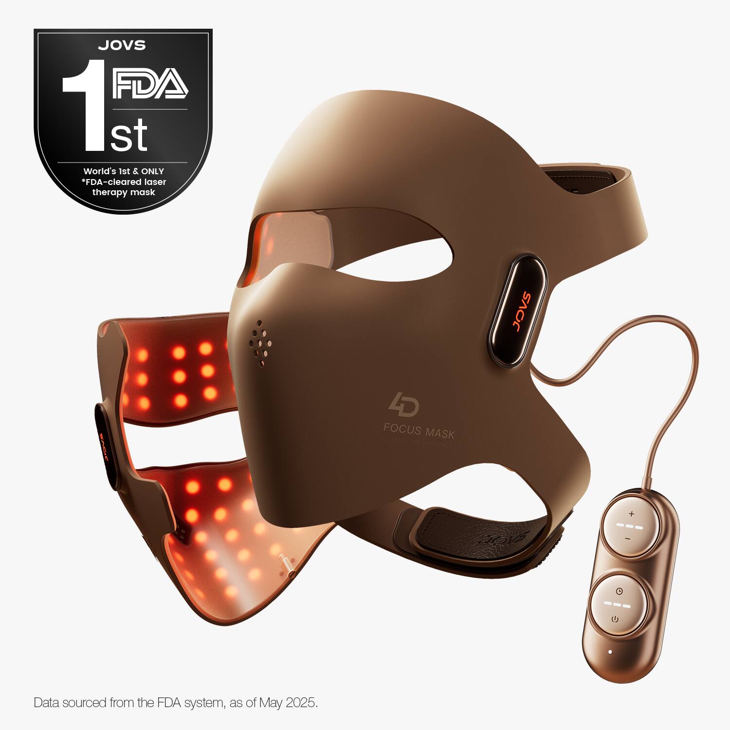 JOVS FDA 1st  
World's 1st & ONLY *FDA-cleared laser therapy mask  
JOVS 4D FOCUS MASK  

Data sourced from the FDA system, as of May 2025.