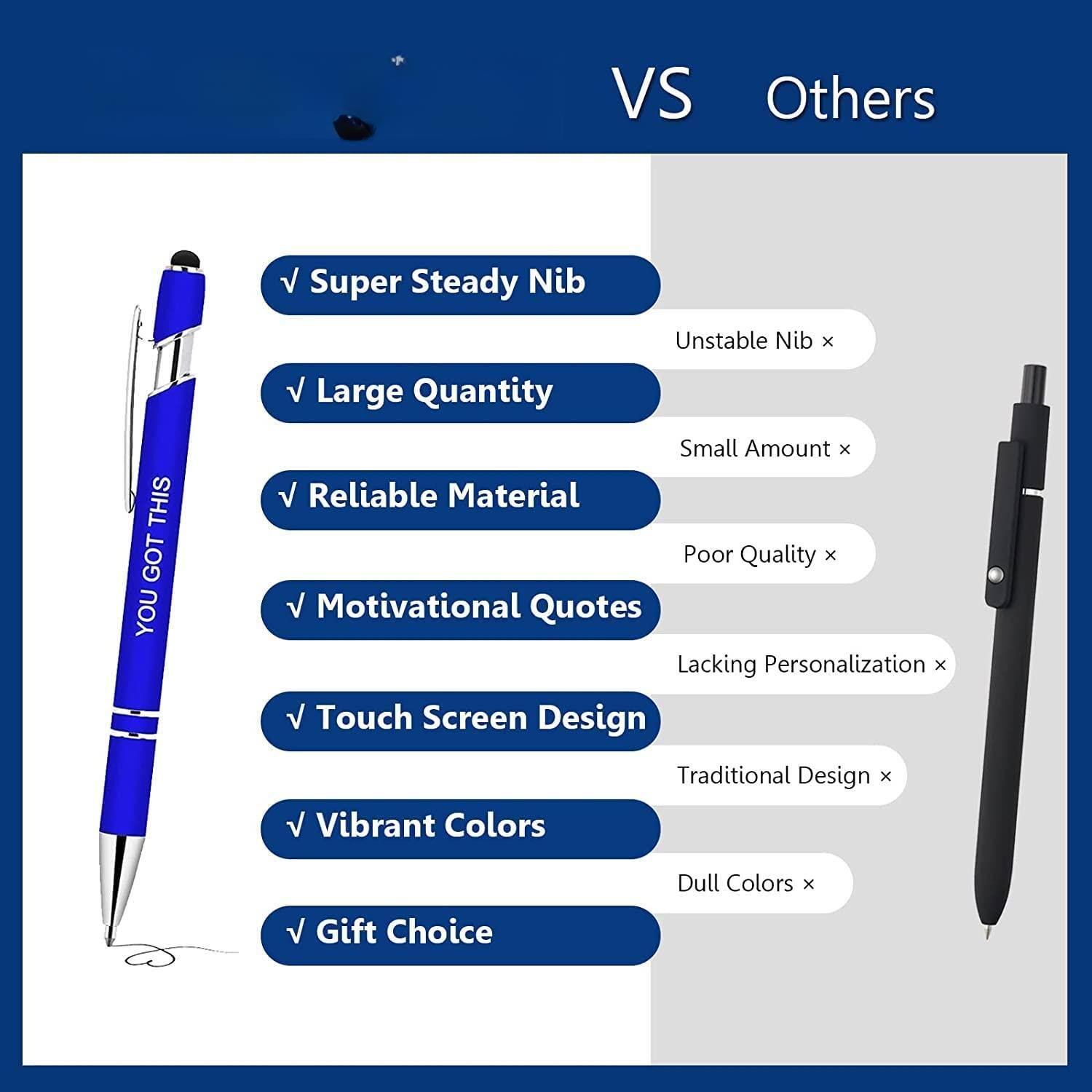 VS Others

- Super Steady Nib
  - Unstable Nib x

- Large Quantity
  - Small Amount x

- Reliable Material
  - Poor Quality x

- Motivational Quotes
  - Lacking Personalization x

- Touch Screen Design
  - Traditional Design x

- Vibrant Colors
  - Dull Colors x

- Gift Choice