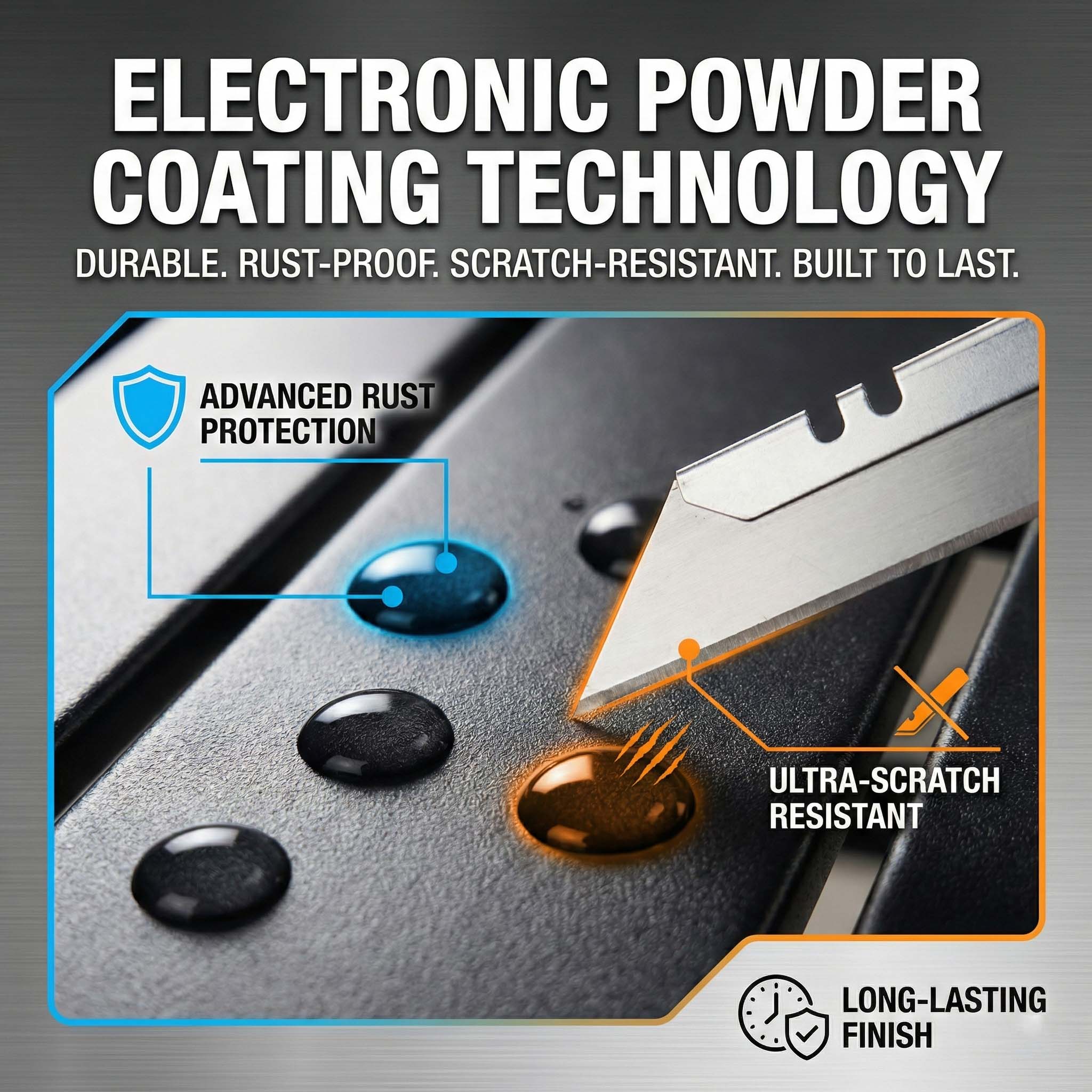 ELECTRONIC POWDER COATING TECHNOLOGY  
DURABLE. RUST-PROOF. SCRATCH-RESISTANT. BUILT TO LAST.  

ADVANCED RUST PROTECTION  
ULTRA-SCRATCH RESISTANT  
LONG-LASTING FINISH