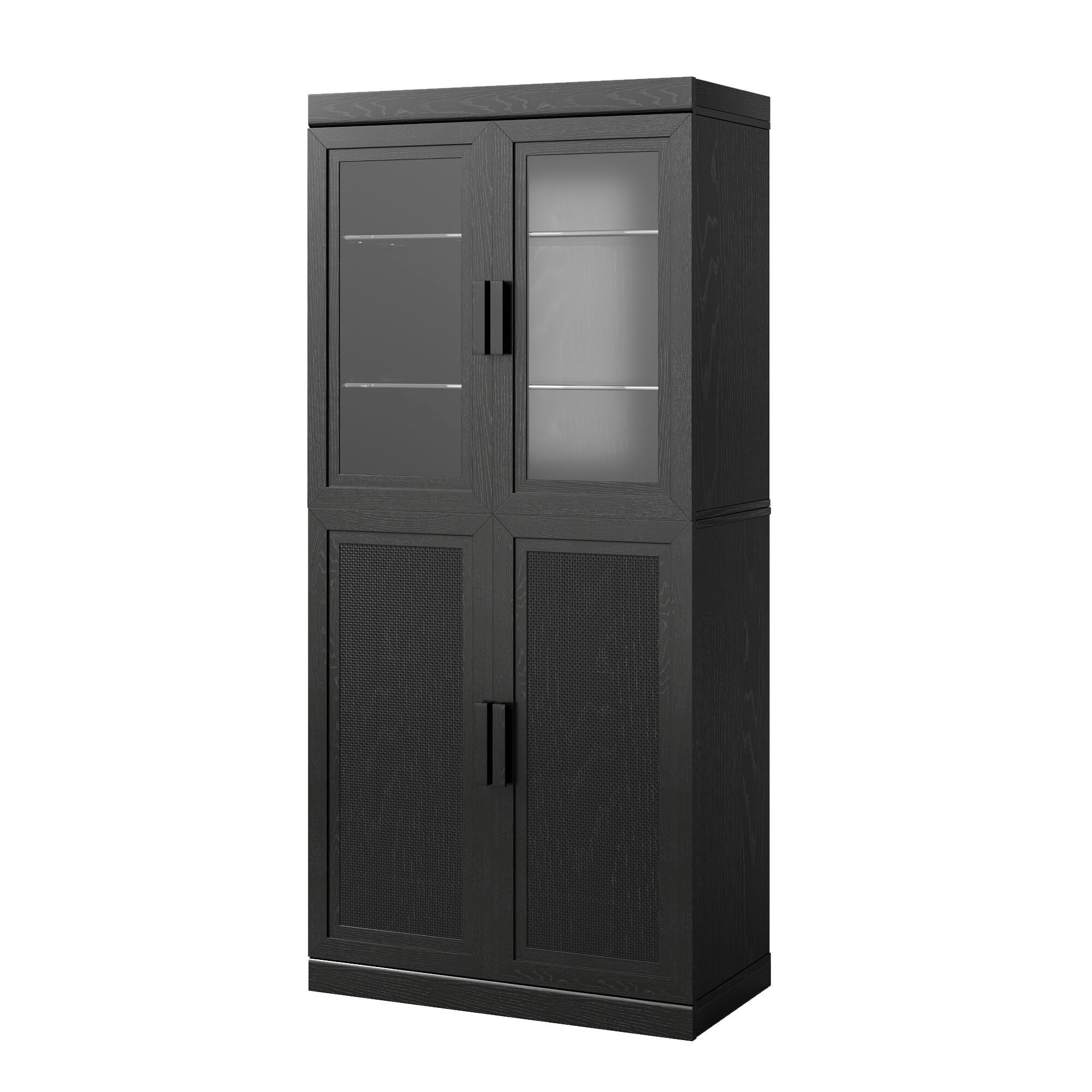 Angle. PexFix - Farmhouse Sideboard & Food Pantry, 67" H Solid Wood Cabinet with Woven Doors and Adjustable Shelves – Ideal for Entryway - Black.