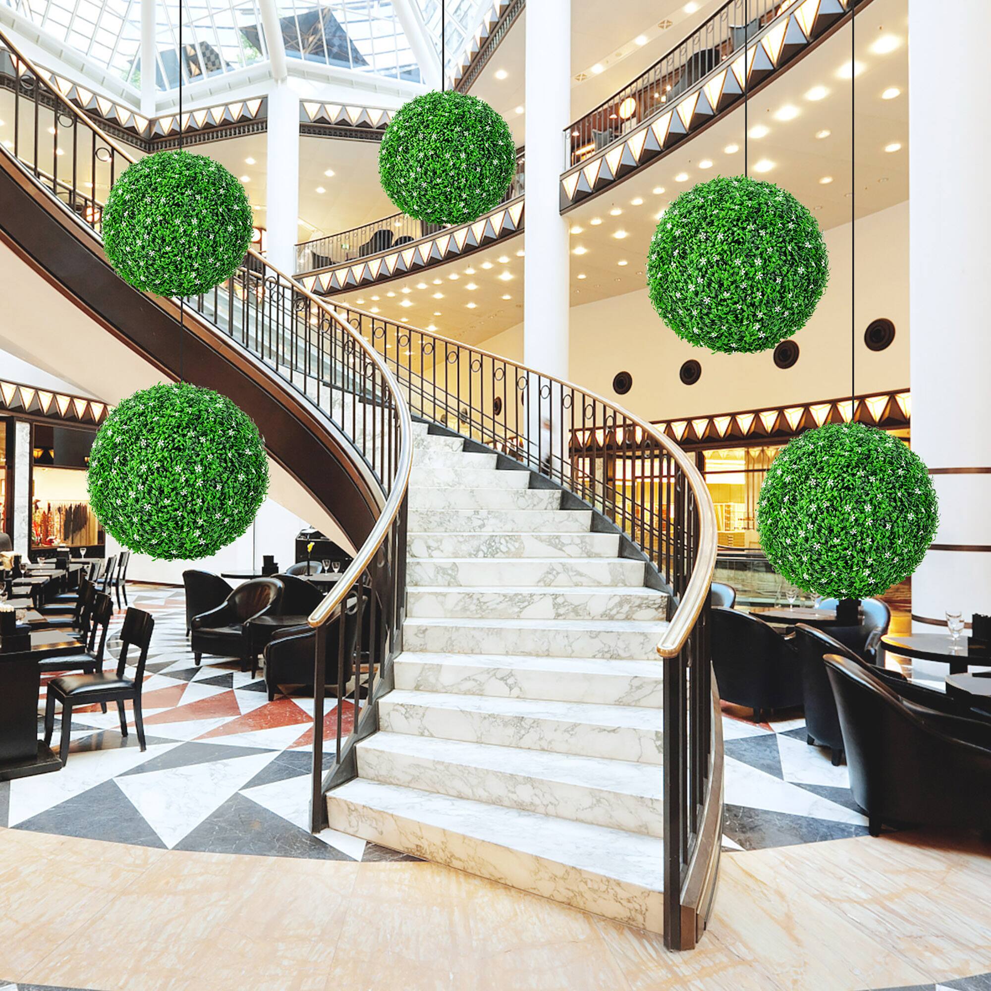 Alt View 3. Gymax - Gymax 2 PCS Artificial White Flower Grass Topiary Balls 19'' Faux Balls Indoor Outdoor - Green, White.