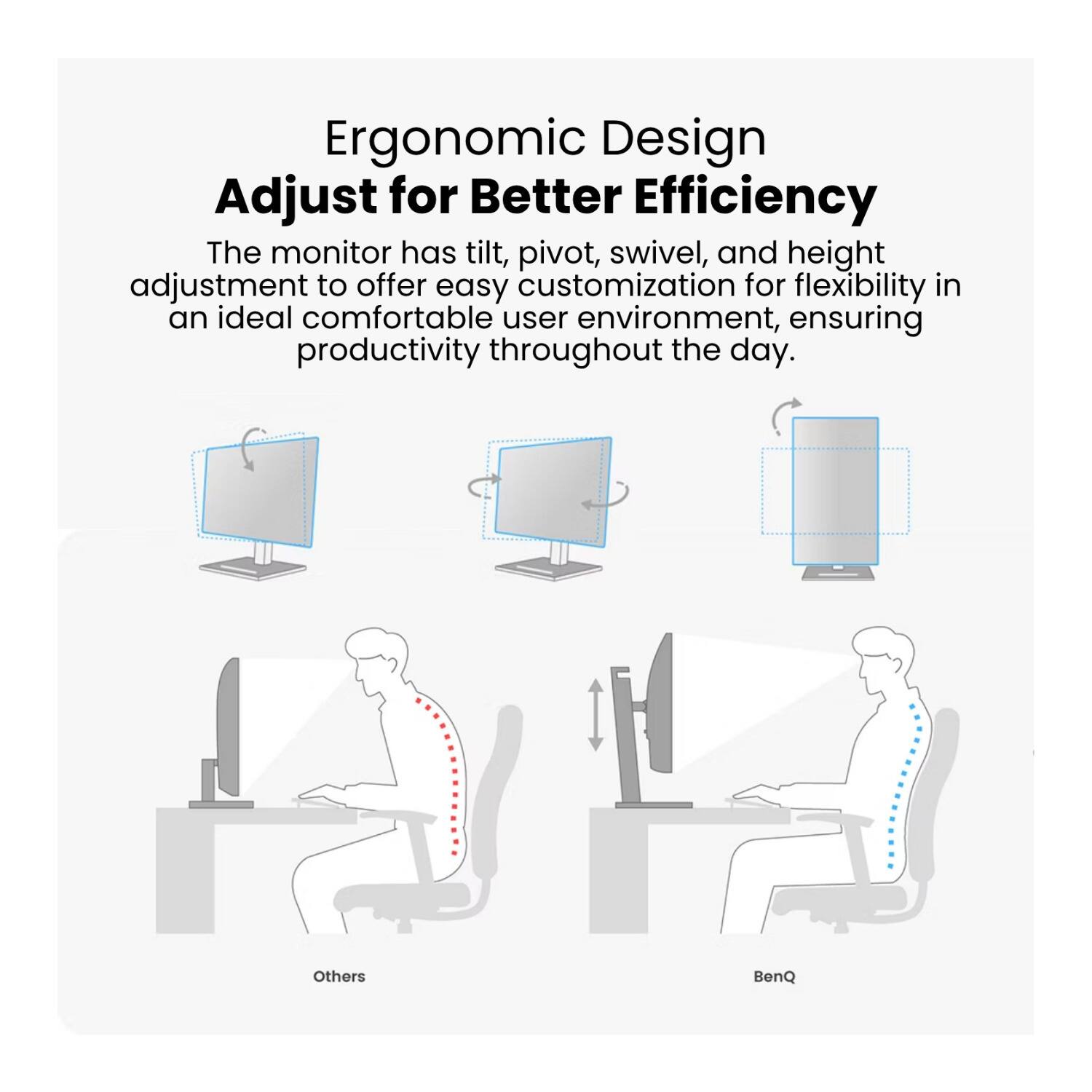 Ergonomic Design  
Adjust for Better Efficiency  

The monitor has tilt, pivot, swivel, and height adjustment to offer easy customization for flexibility in an ideal comfortable user environment, ensuring productivity throughout the day.  

Others  
BenQ