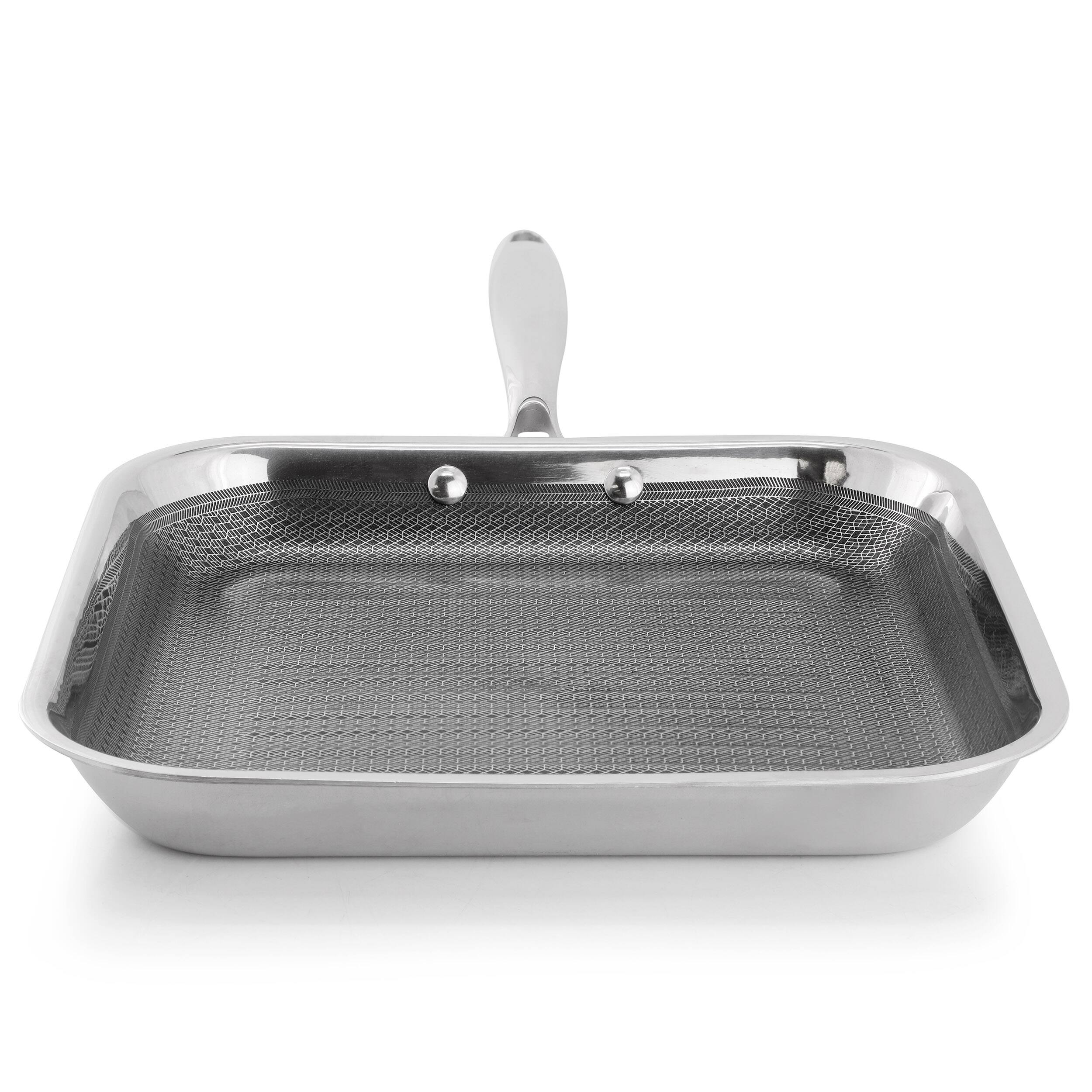 Left. Oster - Oster Modessa 11in Platinum Collection Hybrid Nonstick Square Grill Pan in Silver - Silver.