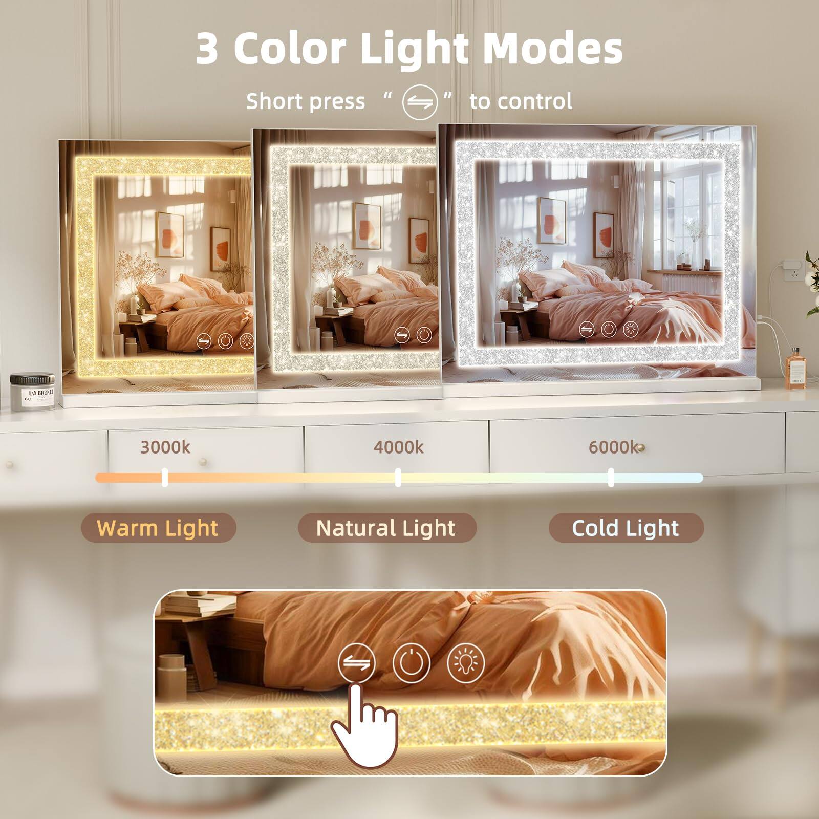 3 Color Light Modes

Short press " " to control

3000k Warm Light

4000k Natural Light

6000k Cold Light