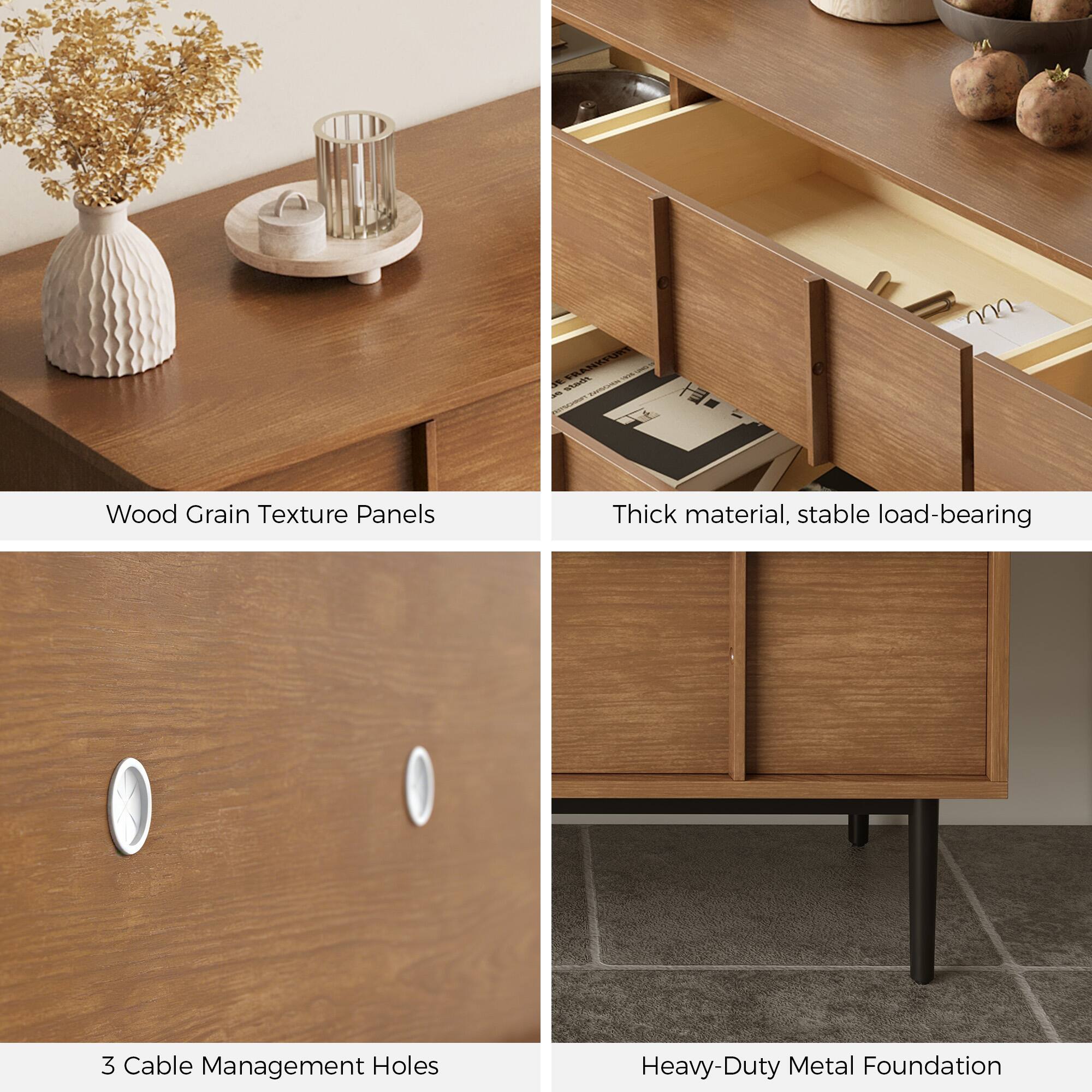 - Wood Grain Texture Panels
- Thick material, stable load-bearing
- 3 Cable Management Holes
- Heavy-Duty Metal Foundation