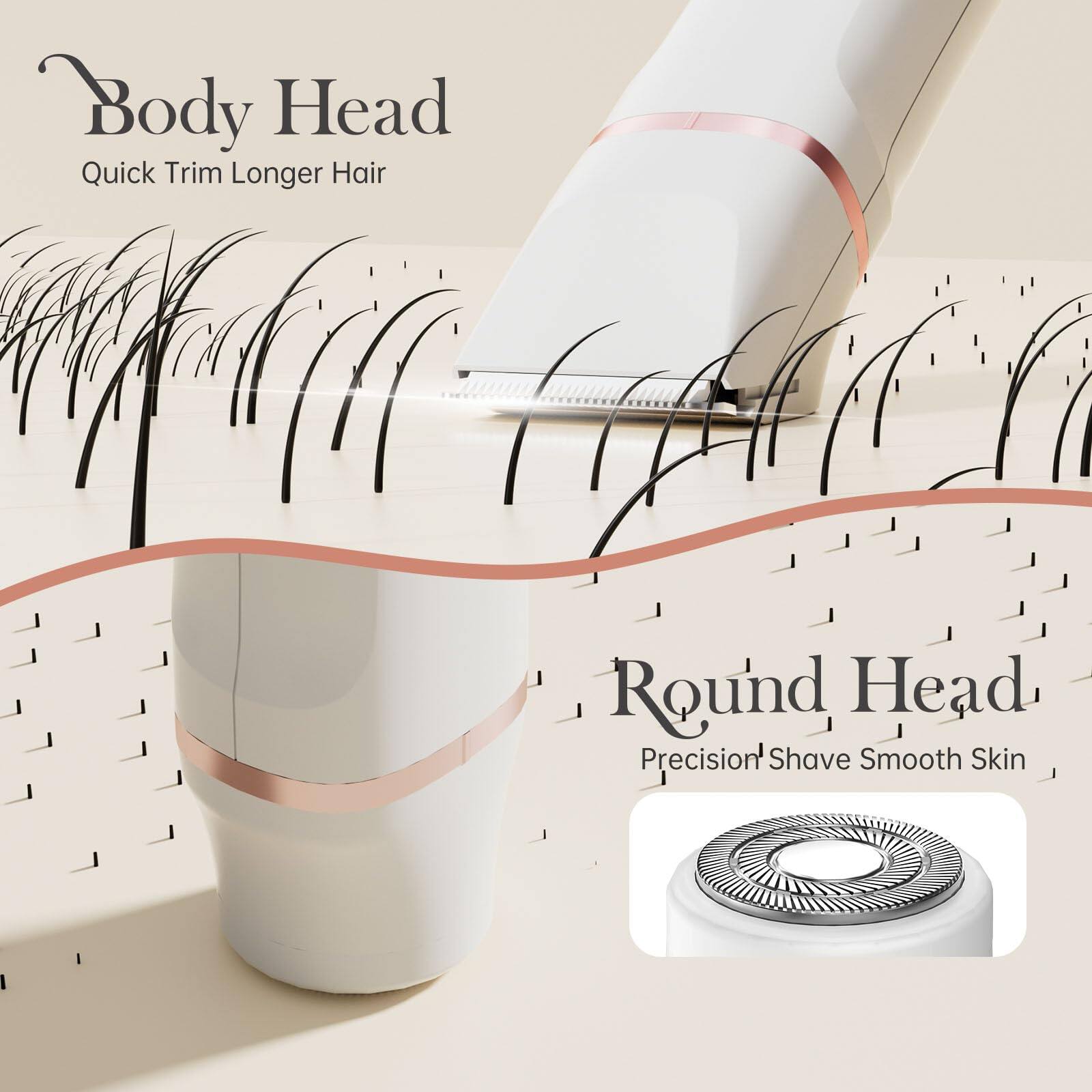 Body Head  
Quick Trim Longer Hair  

Round Head  
Precision Shave Smooth Skin