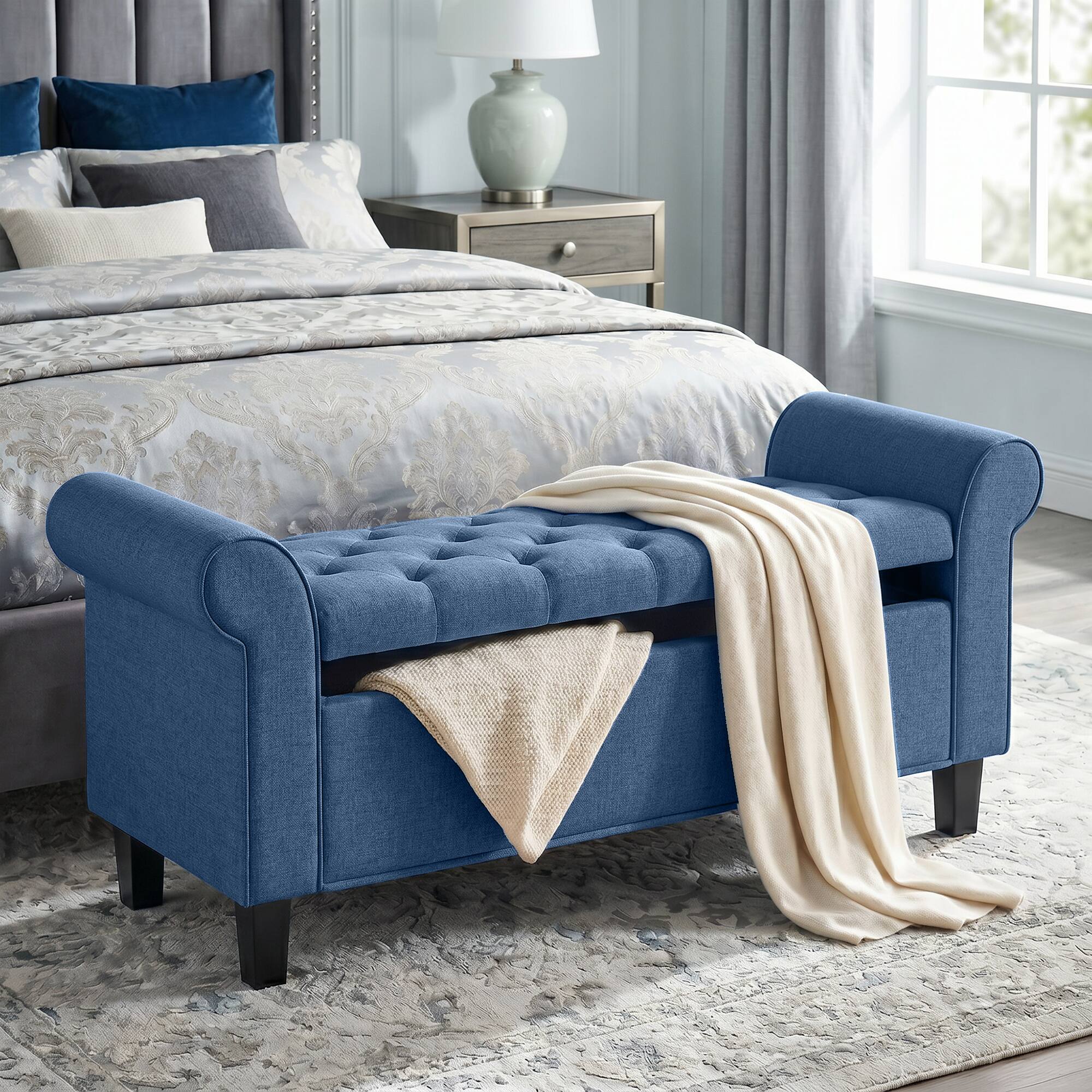 Alt View 1. Homcom - Storage Ottoman Bench, Tufted End of Bed Bench with Rolled Arms, Safety Hinge - Blue.