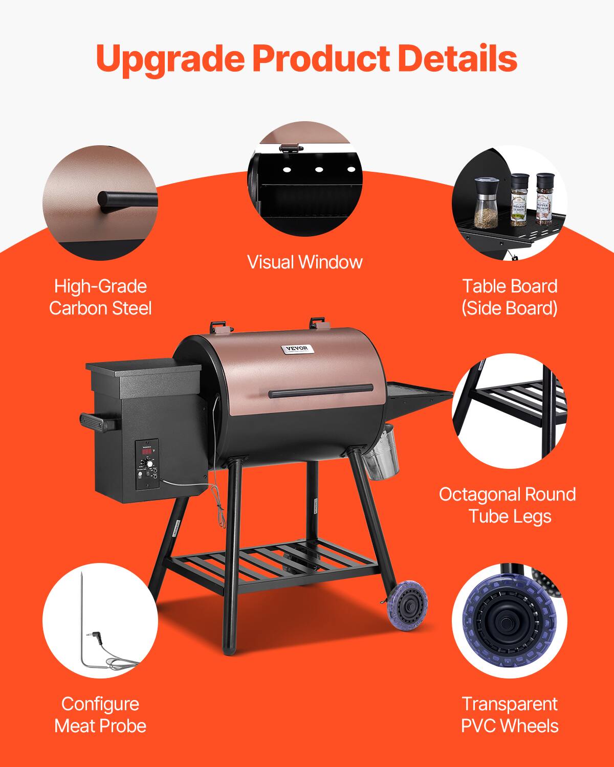 Upgrade Product Details

- High-Grade Carbon Steel
- Visual Window
- Table Board (Side Board)
- Octagonal Round Tube Legs
- Configure Meat Probe
- Transparent PVC Wheels