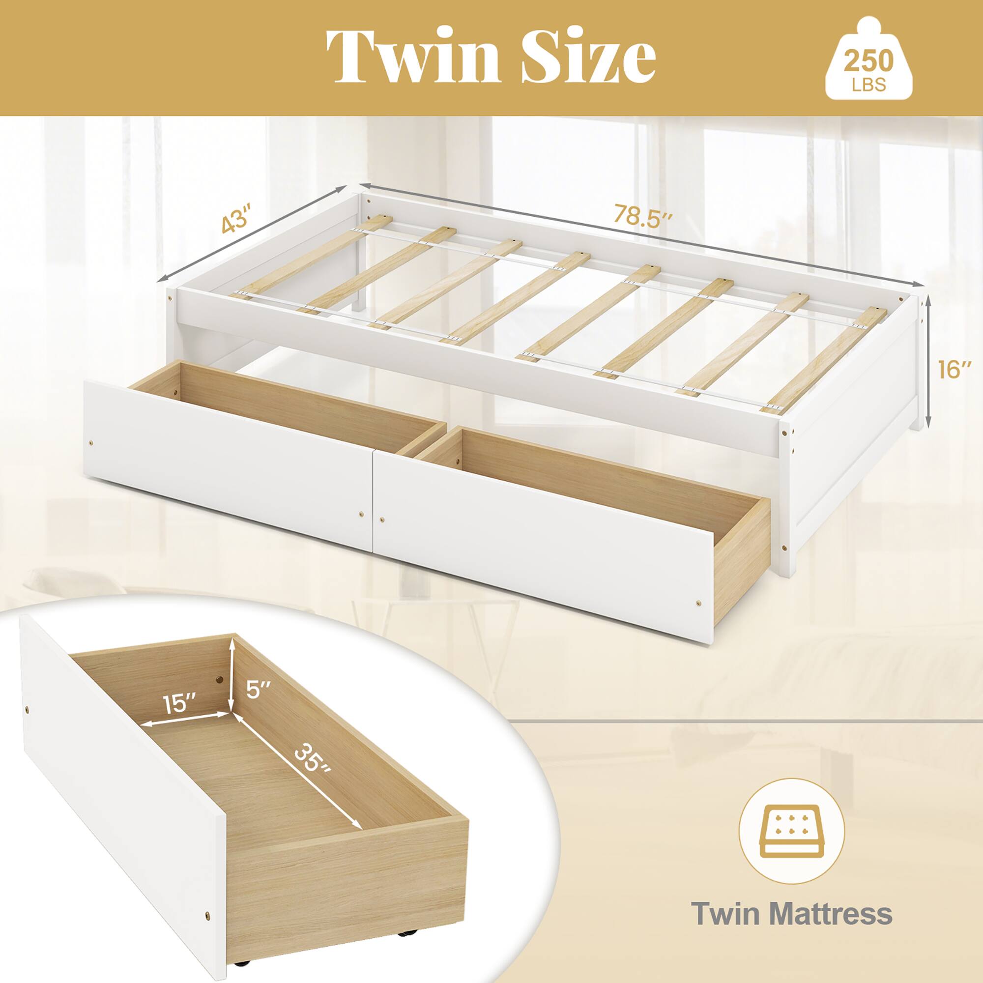 Twin Size  
250 LBS  

43"  
78.5"  
16"  
15"  
5"  
35"  

Twin Mattress