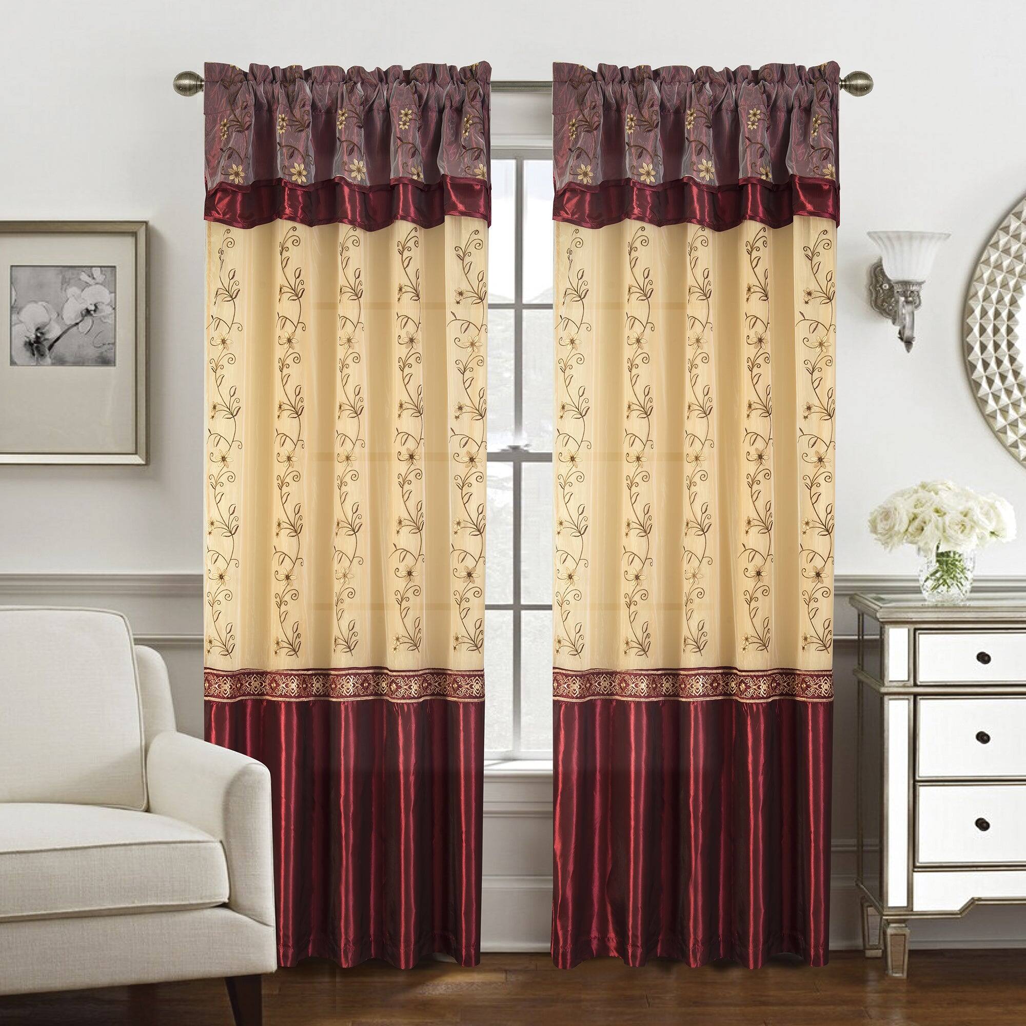 Alt View 2. RT Designers Collection - Priscilla Embroidered Floral Curtain Panel with Double RT Designers Collection - Burgundy.