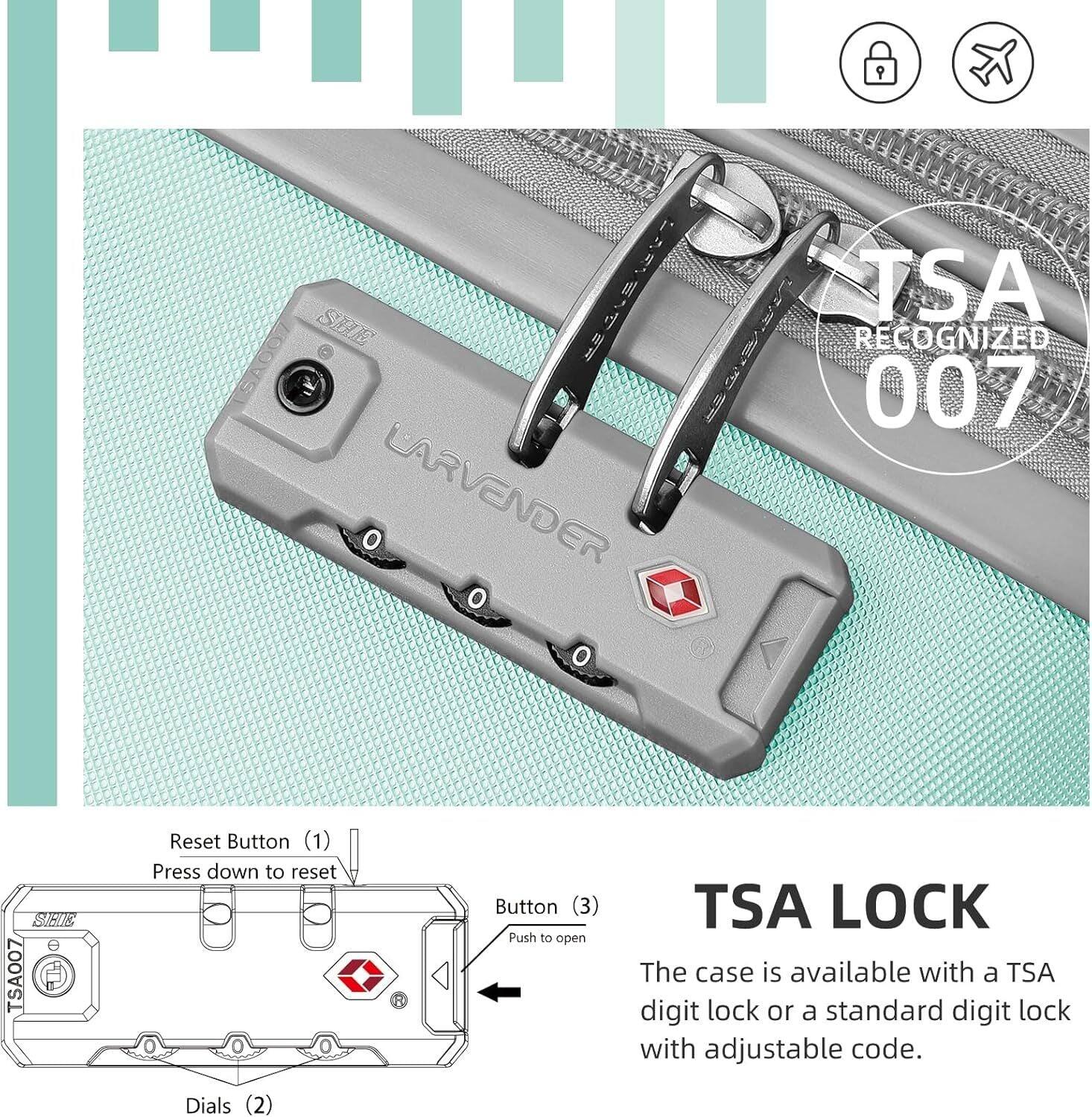 TSA RECOGNIZED 007

LARVENDER TSA007

Reset Button (1)  
Press down to reset

Button (3)  
Push to open

TSA LOCK

The case is available with a TSA digit lock or a standard digit lock with adjustable code.

Dials (2)