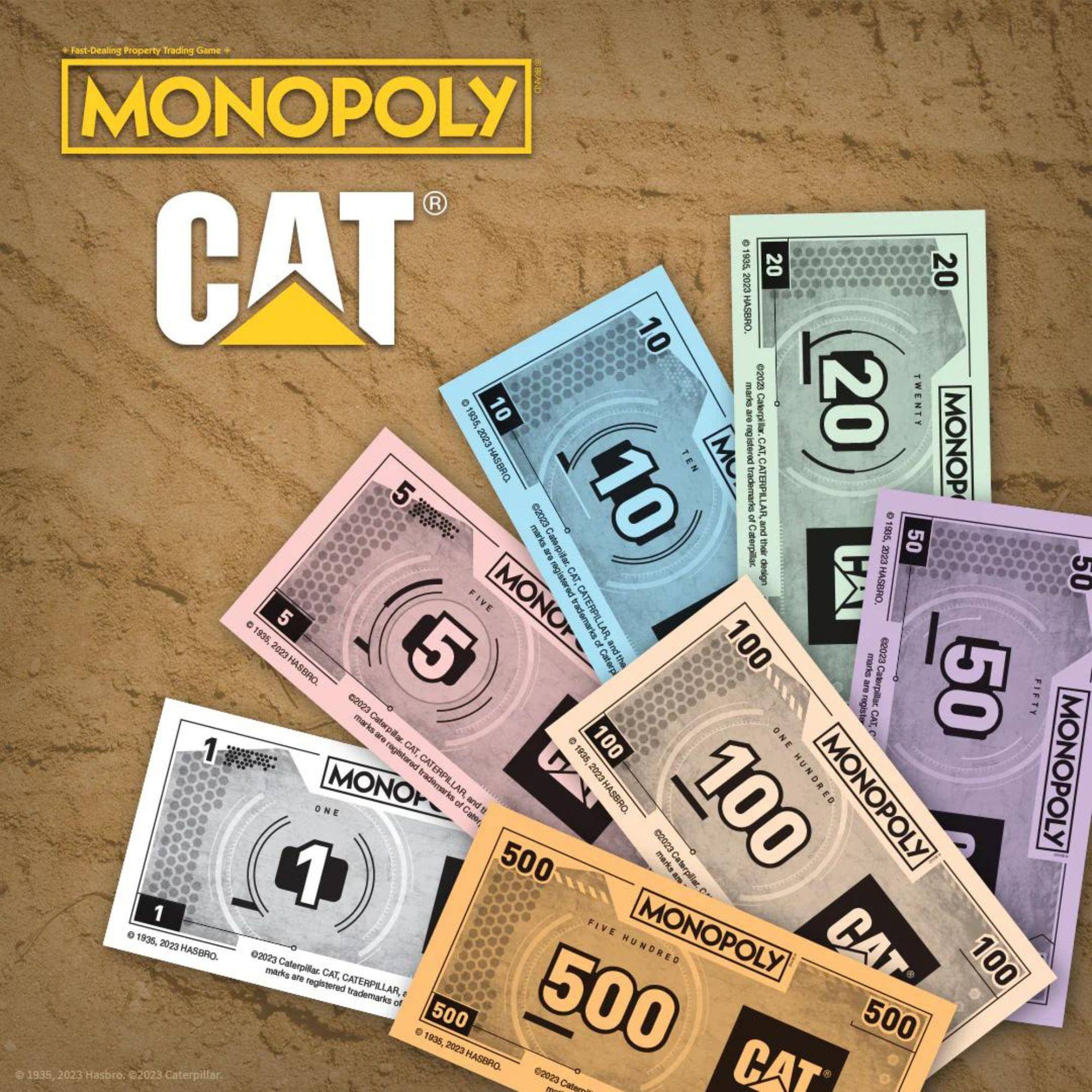 Fast-Dealing Property Trading Game  
MONOPOLY  
CAT  

© 1935, 2023 Hasbro; © 2023 Caterpillar, Inc.  
CATERPILLAR, CAT, and the Caterpillar logo are registered trademarks of Caterpillar Inc.