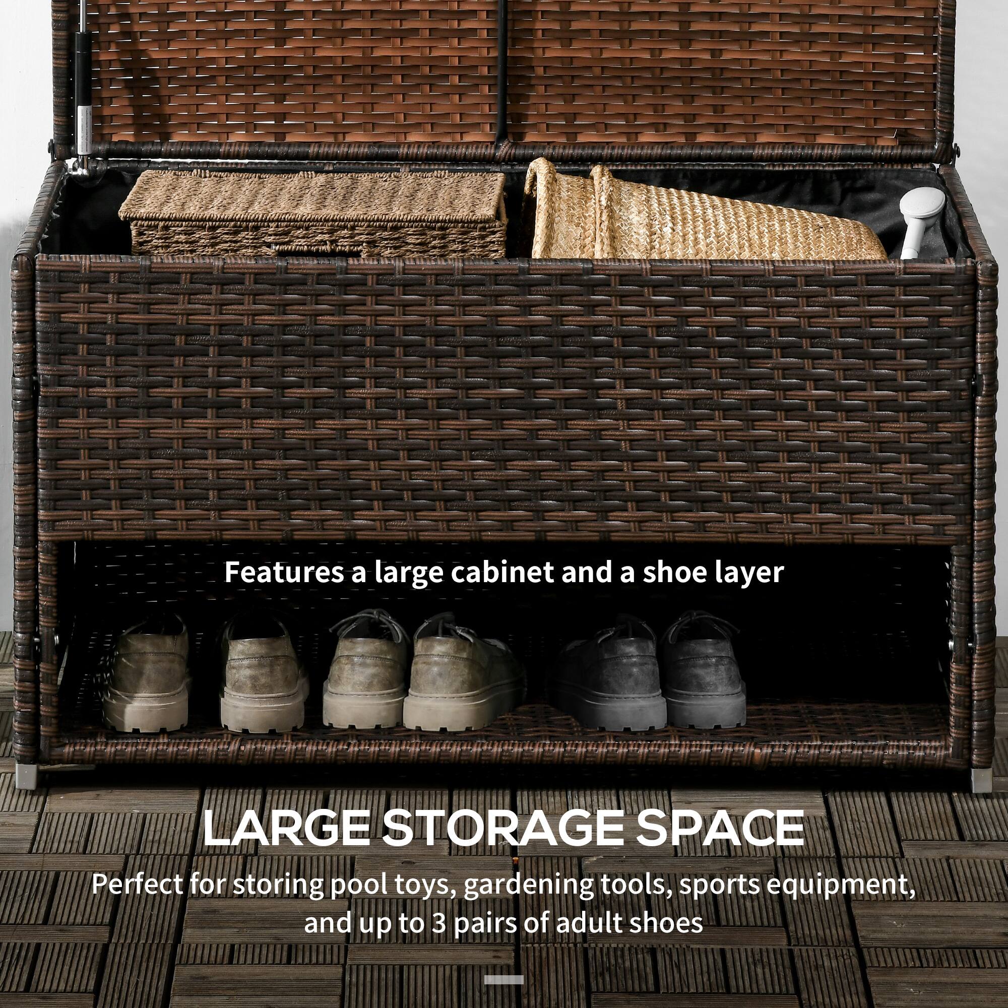 Features a large cabinet and a shoe layer

LARGE STORAGE SPACE

Perfect for storing pool toys, gardening tools, sports equipment, and up to 3 pairs of adult shoes