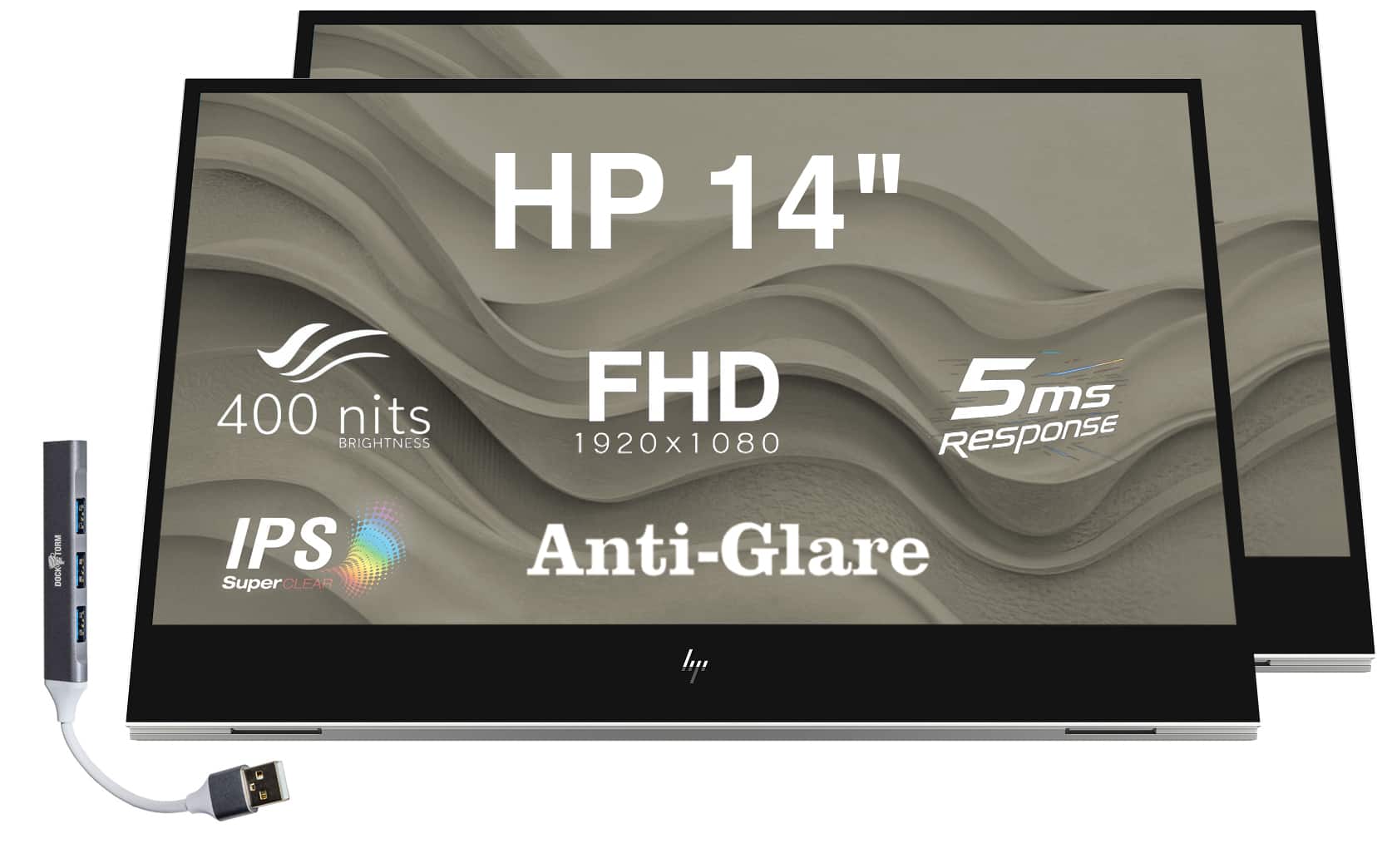 HP - 14" FHD IPS Monitor with 5ms Response Time, Anti-Glare, Flicker Free, 400 nits Brightness & DKZ Hub, 2 Pack - Silver