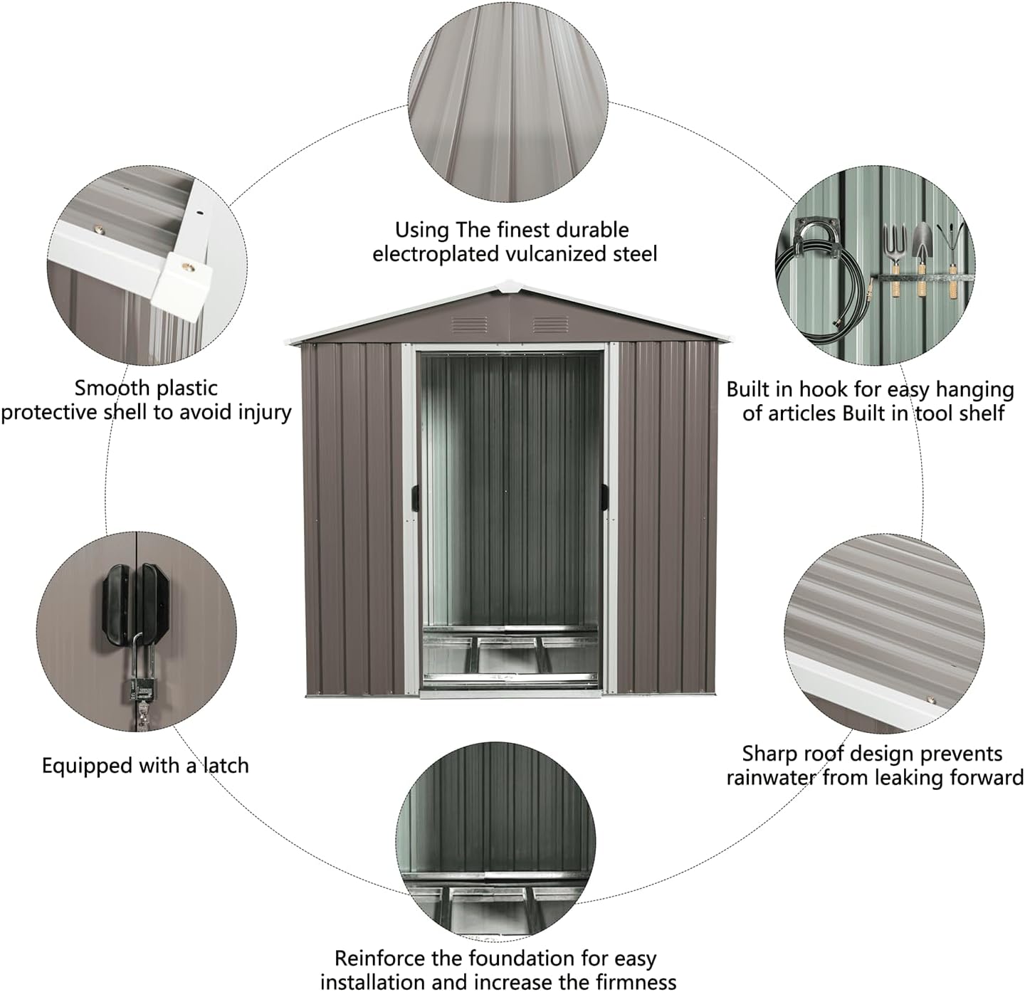 Using The finest durable electroplated vulcanized steel, Smooth plastic protective shell to avoid injury, Built in hook for easy hanging of articles, Built in tool shelf, Equipped with a latch, Sharp roof design prevents rainwater from leaking forward, Reinforce the foundation for easy installation and increase the firmness.