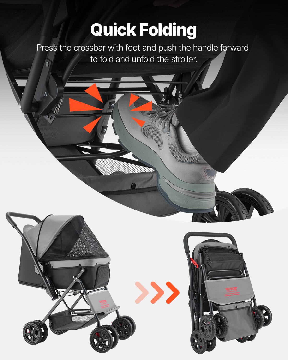Quick Folding

Press the crossbar with foot and push the handle forward to fold and unfold the stroller.