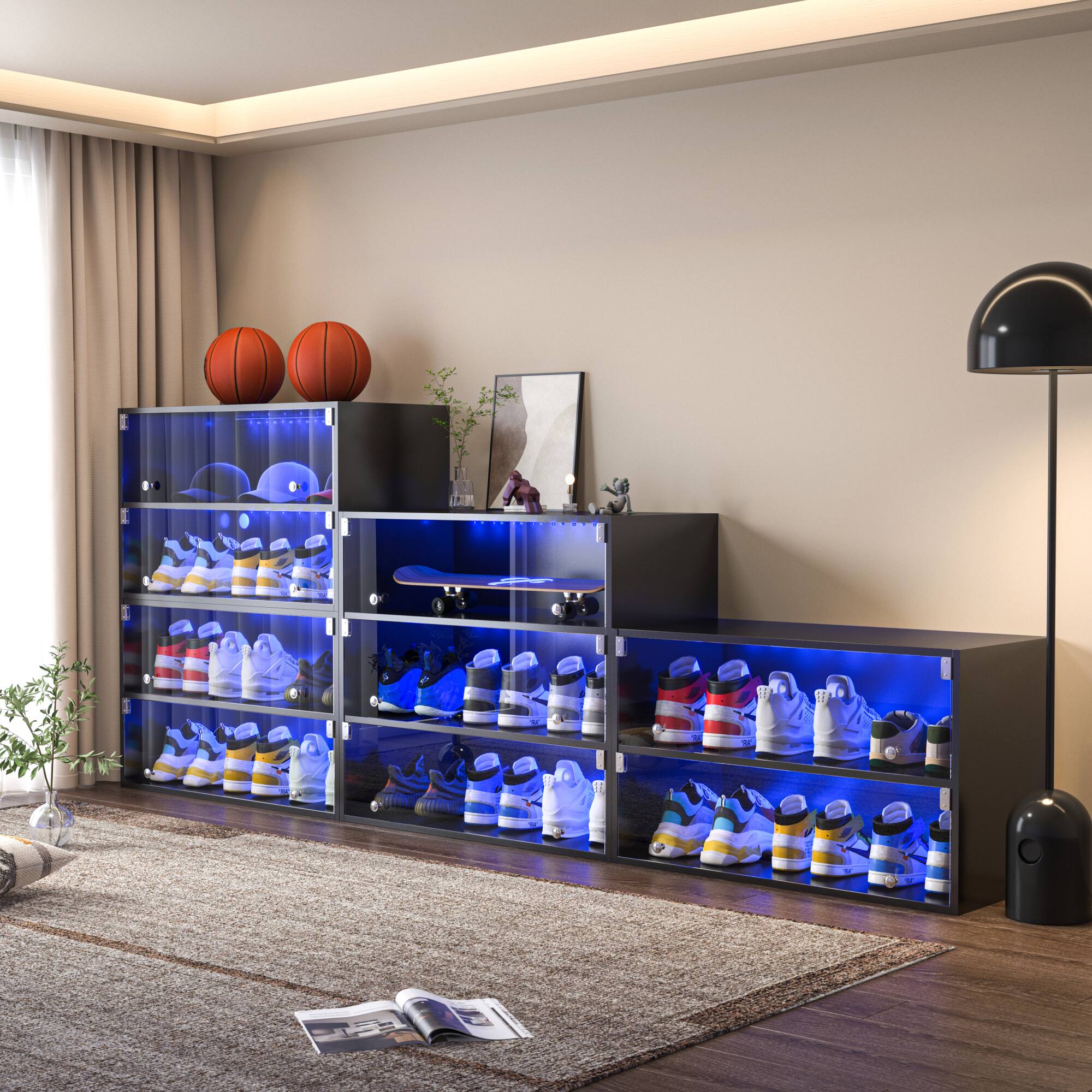 Back. GOODSILO - Premium LED Light Shoe Display Cabinet with Glass Doors - Three-Tier Storage Solution for Sneaker Enthusiasts - Black.