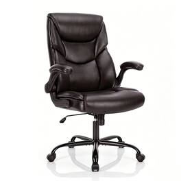 Sweet - High Back Ergonomic Executive Office Chair with Lumbar Support Flip-Up Armrests, PU Leather Desk Chair - Brown