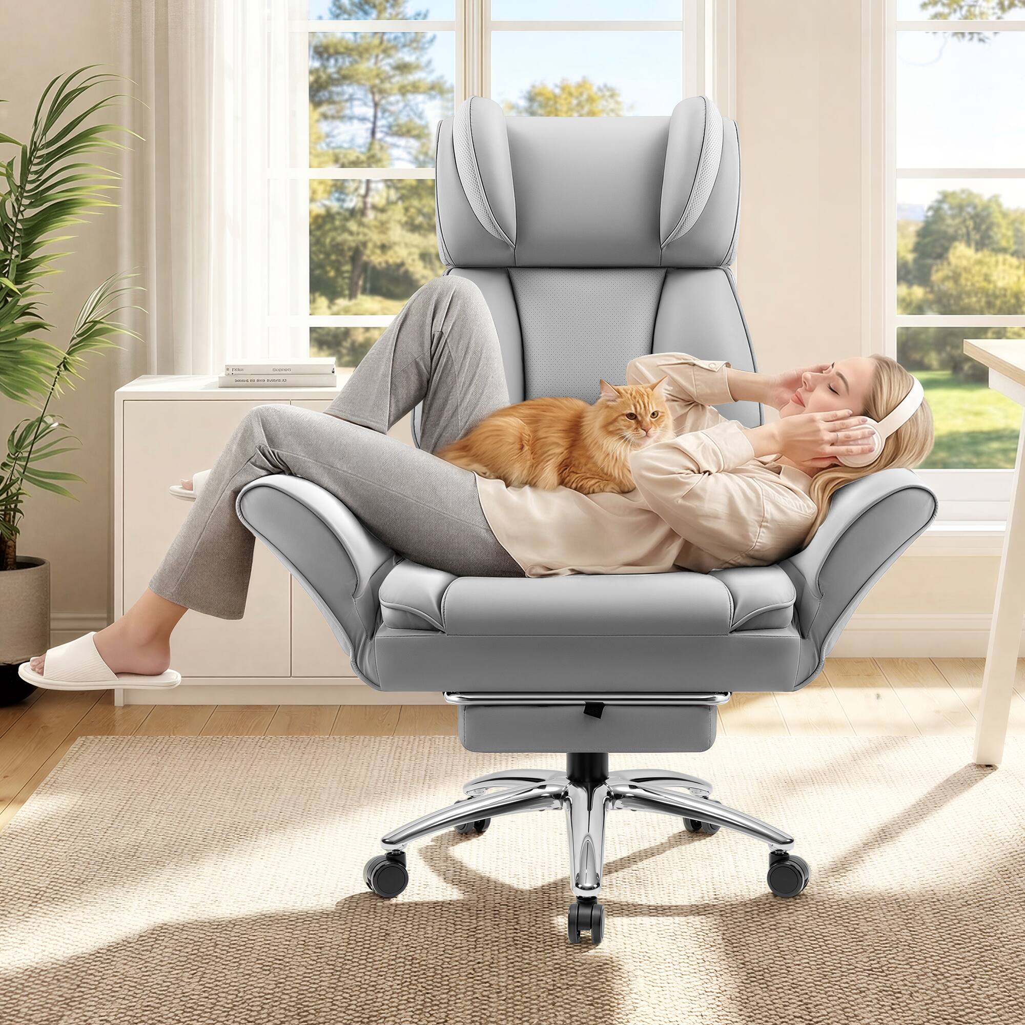 Front. Brick Attic - 500LBS Big Executive Chair with Armrests, Cross Legged Office Chair, Retractable Footrest,Ergonomic Seat for Desk Work - Grey.