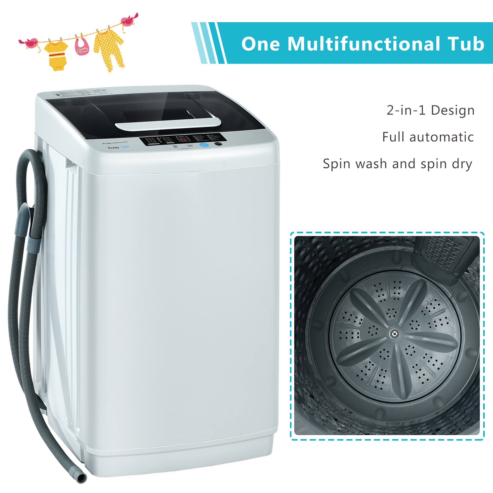 One Multifunctional Tub 2-in-1 Design: Full Automatic Spin Wash and Spin Dry
