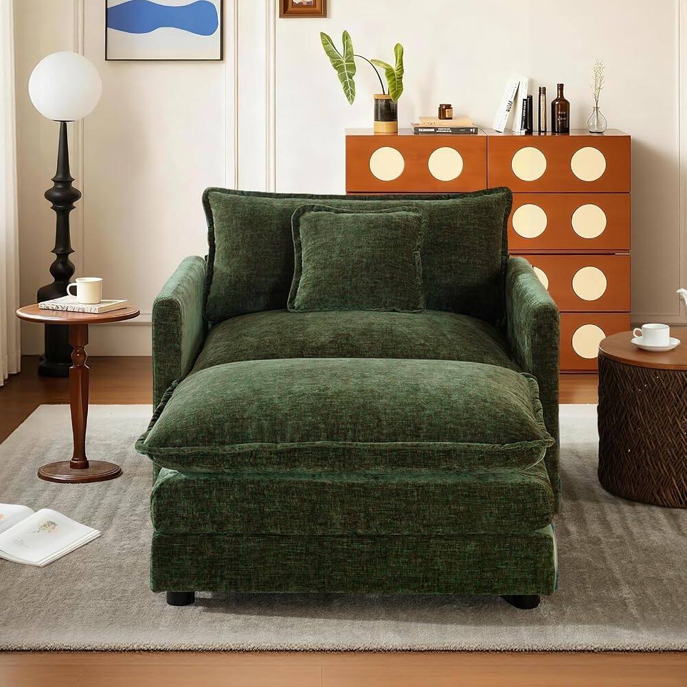 Alt View 1. JUJABU - Green Chenille Modular Single Sofa with Ottoman and Pillow for Living Room - Green.